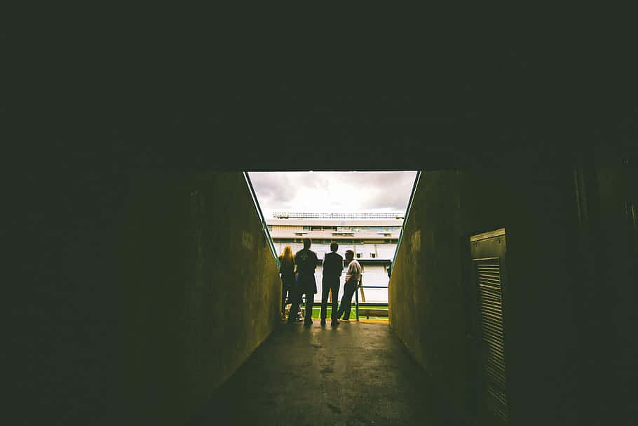 dark concrete tunnel, bright stadium, overcast sky, SD Desktop Wallpaper