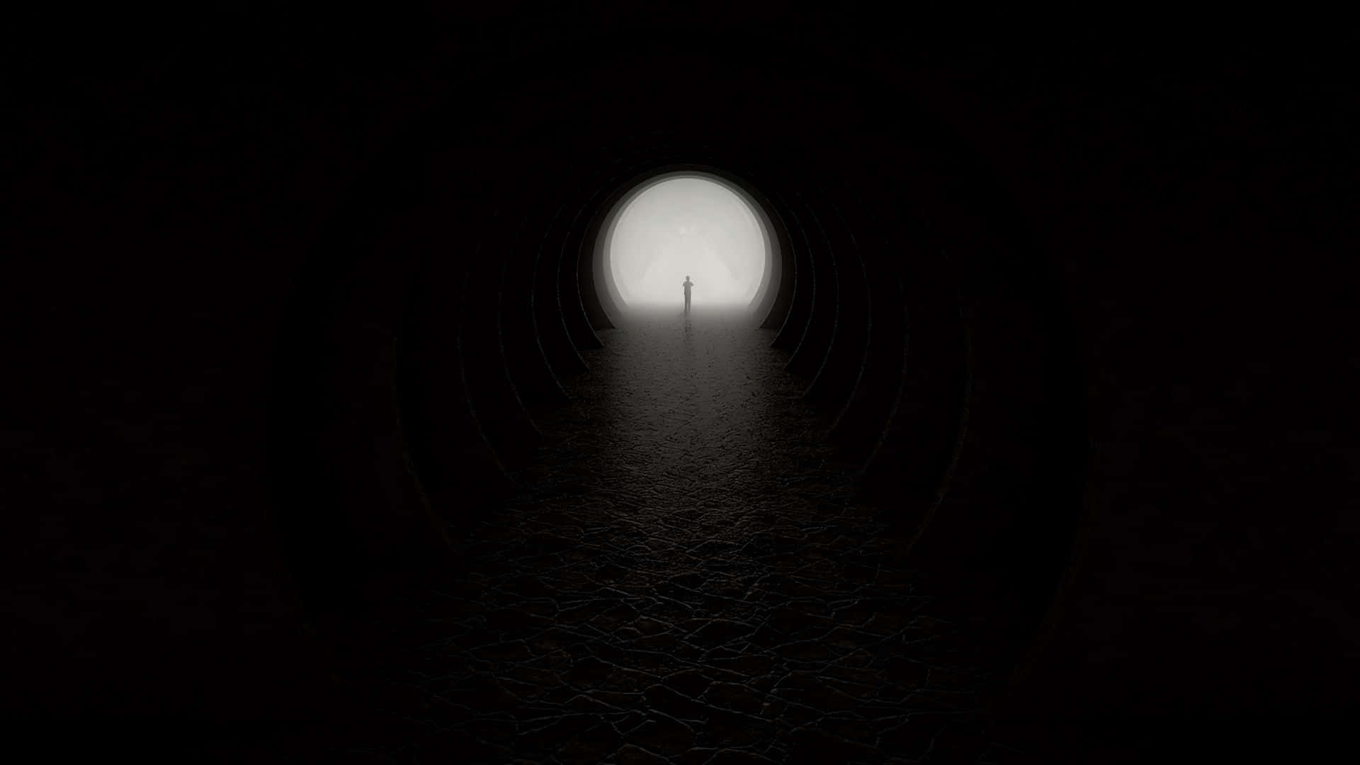 dark circular tunnel, glowing circular exit, lone figure, Full HD Desktop Wallpaper