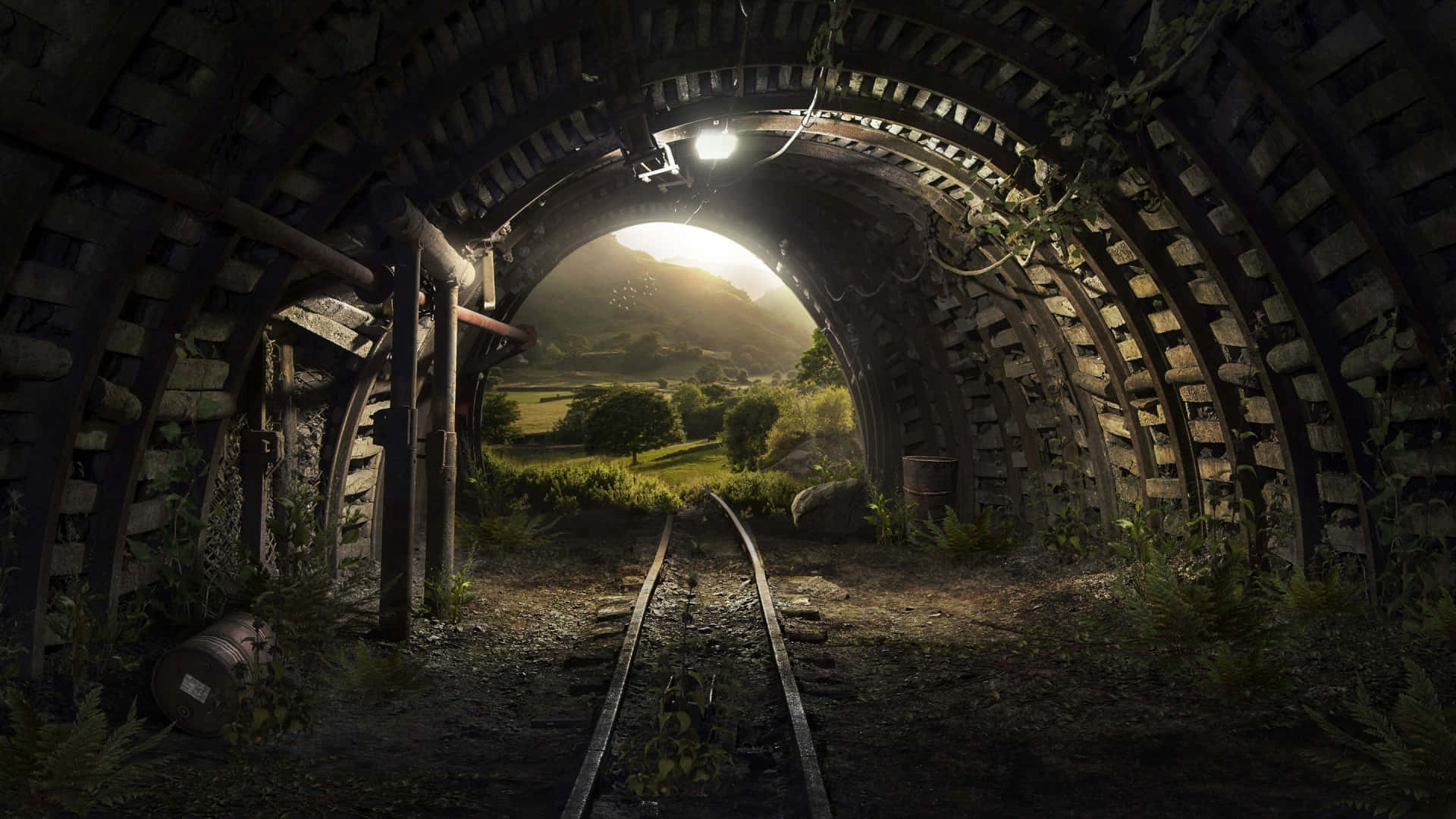 sunlit railway tunnel exit, abandoned railway tunnel, overgrown tracks, Full HD Desktop Wallpaper