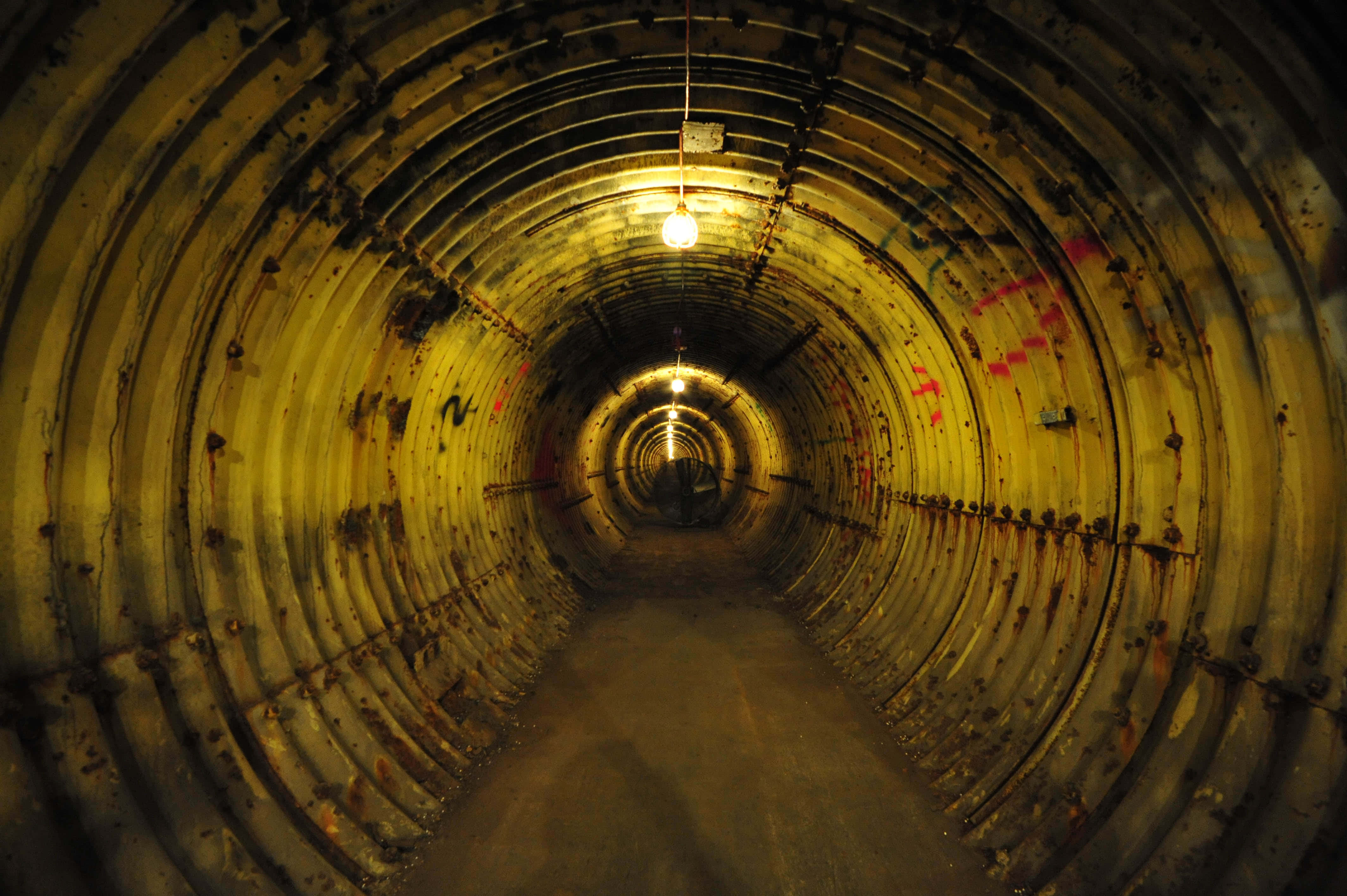 illuminated underground tunnel, yellowish lights, concrete tunnel, 4K Desktop Wallpaper