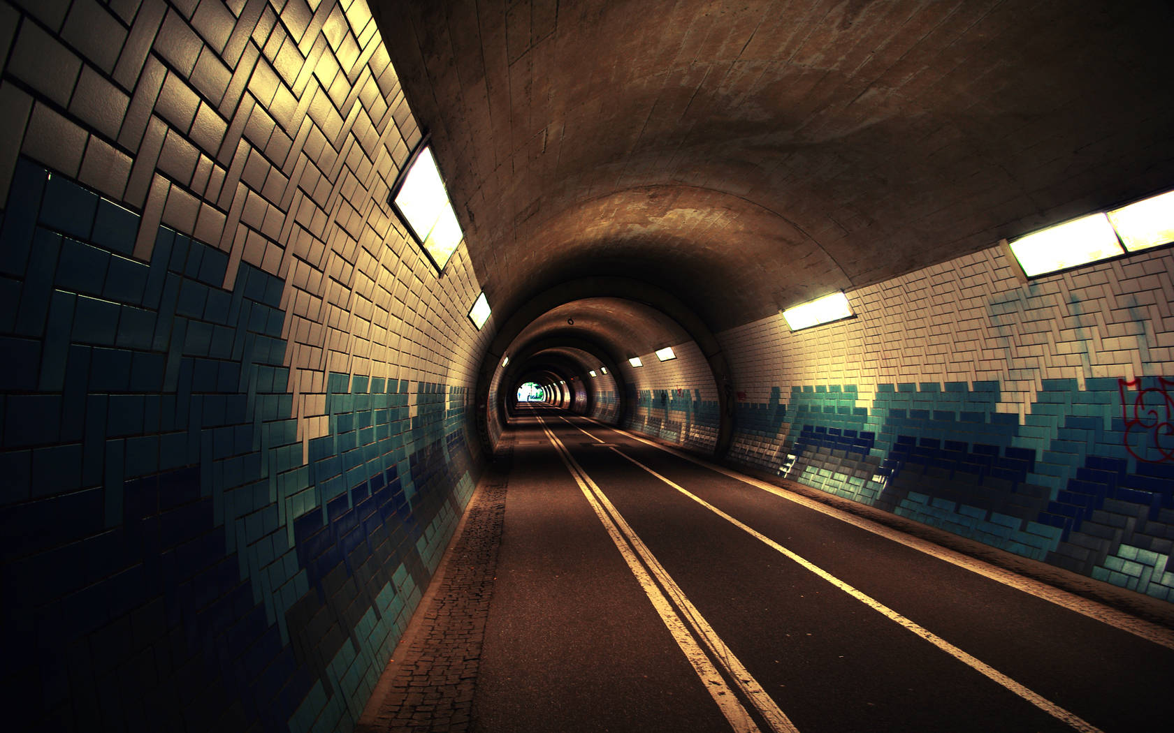 underground brick tunnel, blue tiled walls, glowing overhead lights, HD Desktop Wallpaper