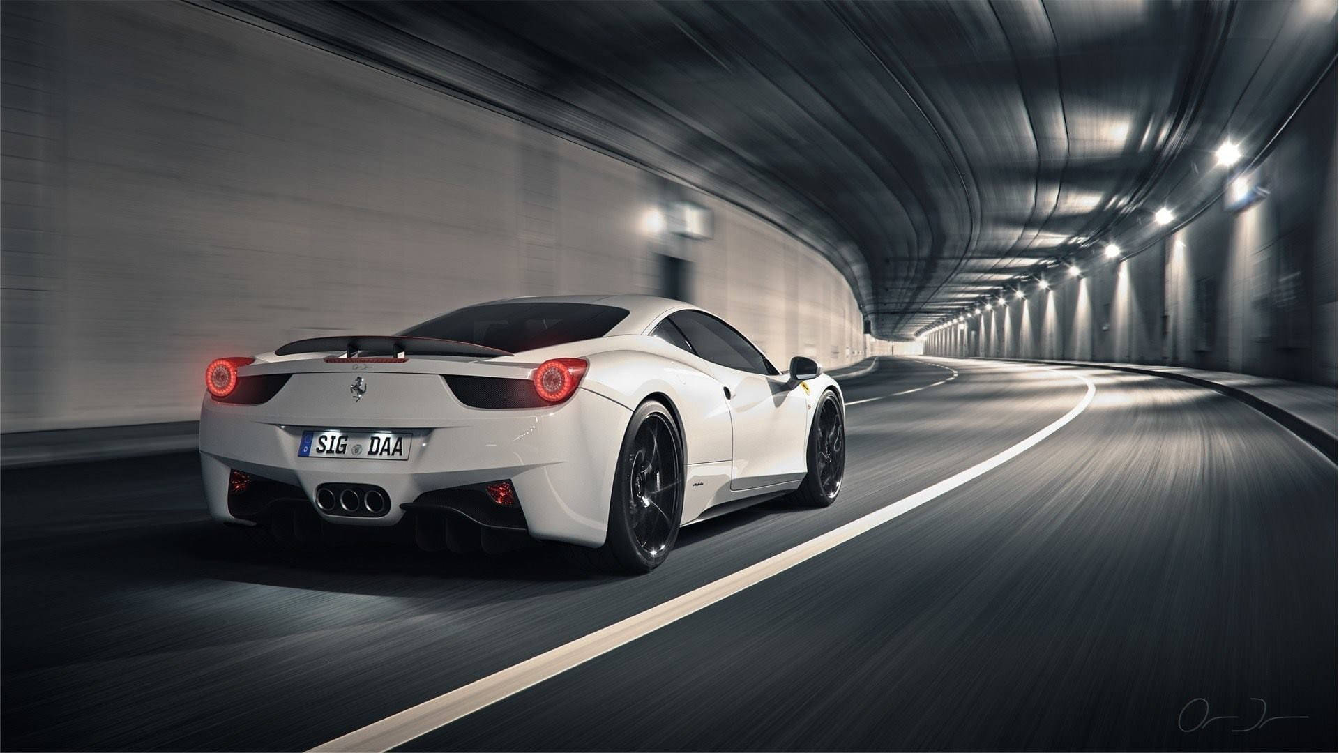 white Ferrari, sports car, dimly lit tunnel, Full HD Desktop Wallpaper