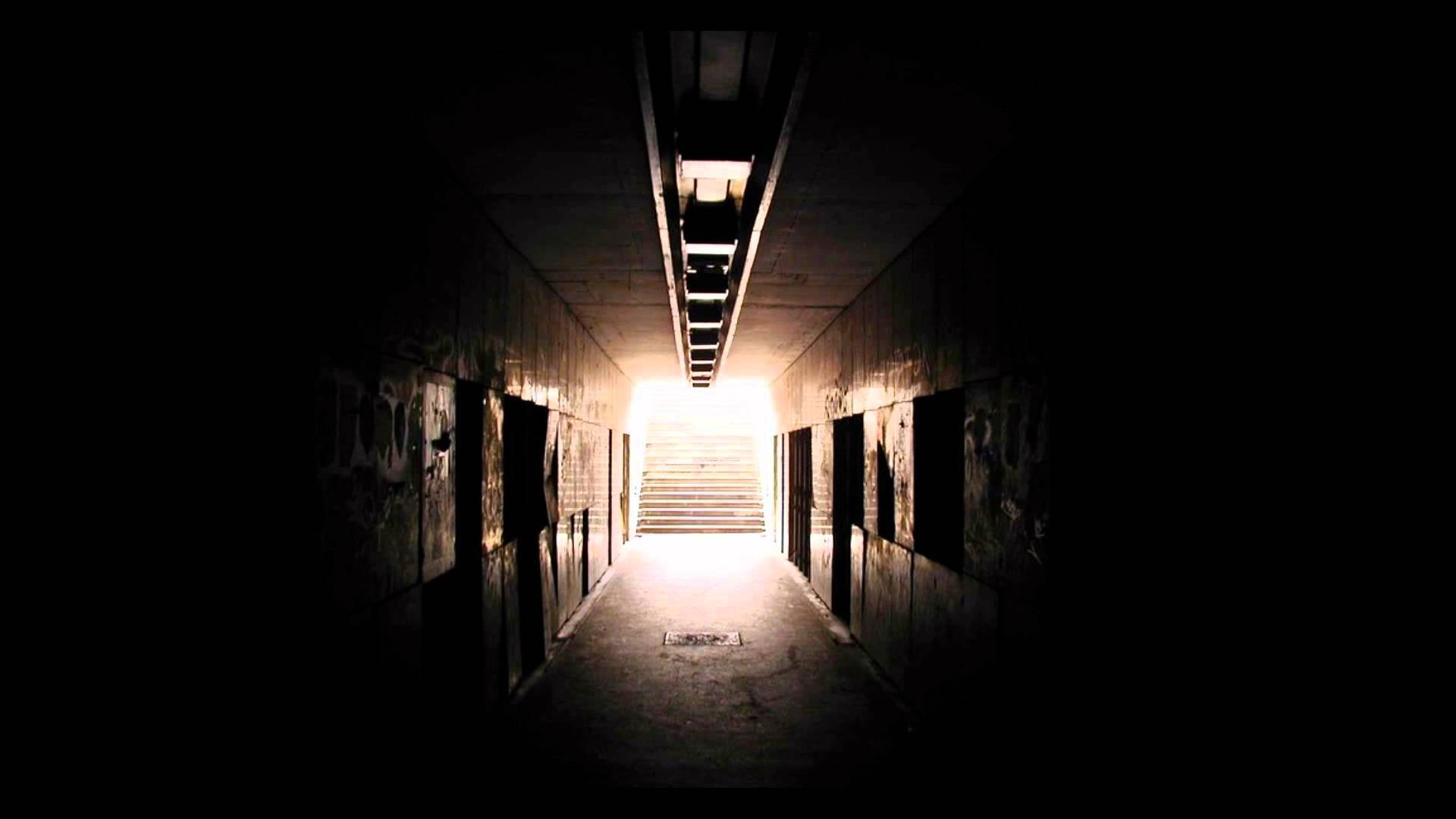 dark concrete tunnel, graffiti walls, bright stairway, Full HD Desktop Wallpaper