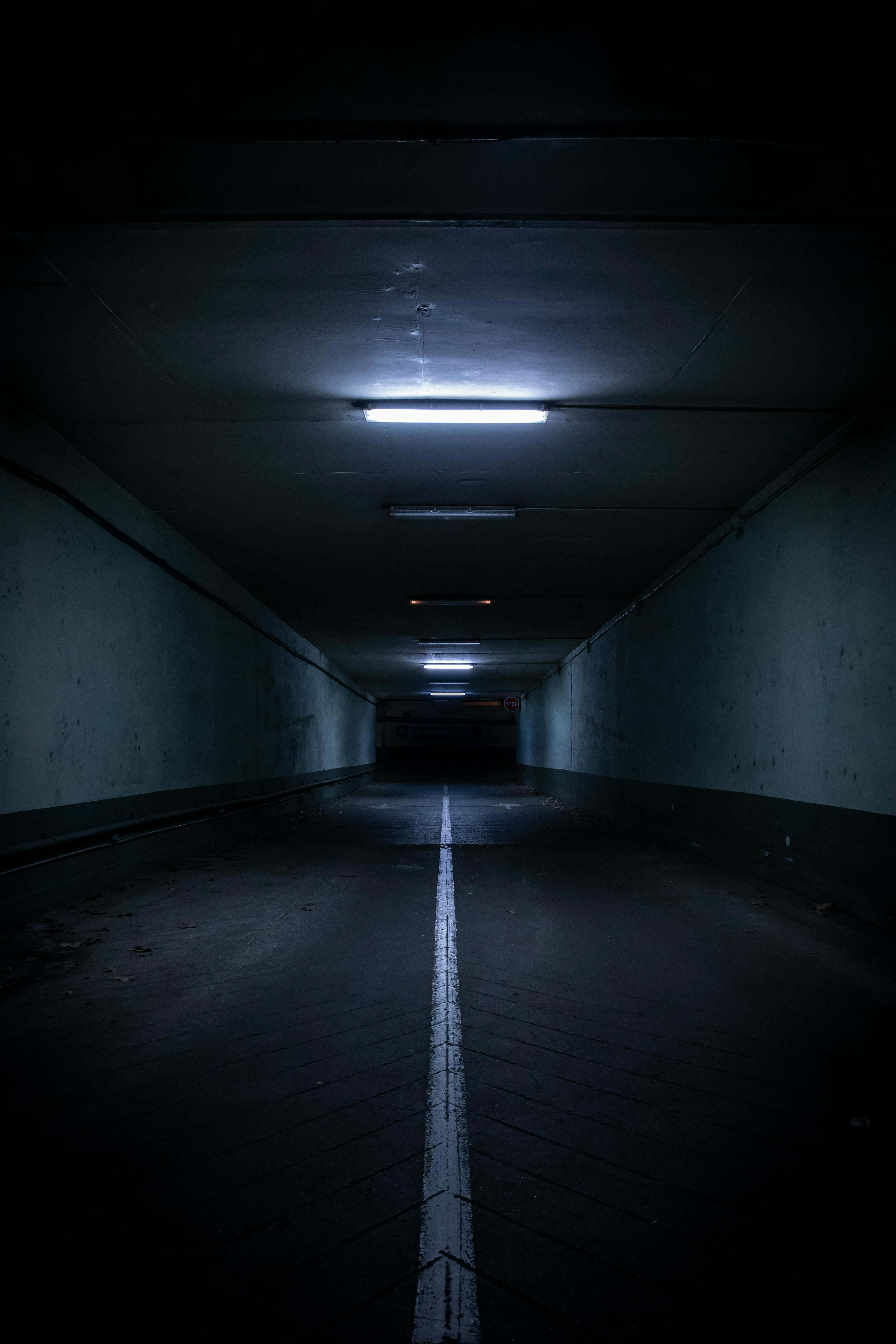 dark underpass tunnel, concrete tunnel, white line, 5K Phone Wallpaper
