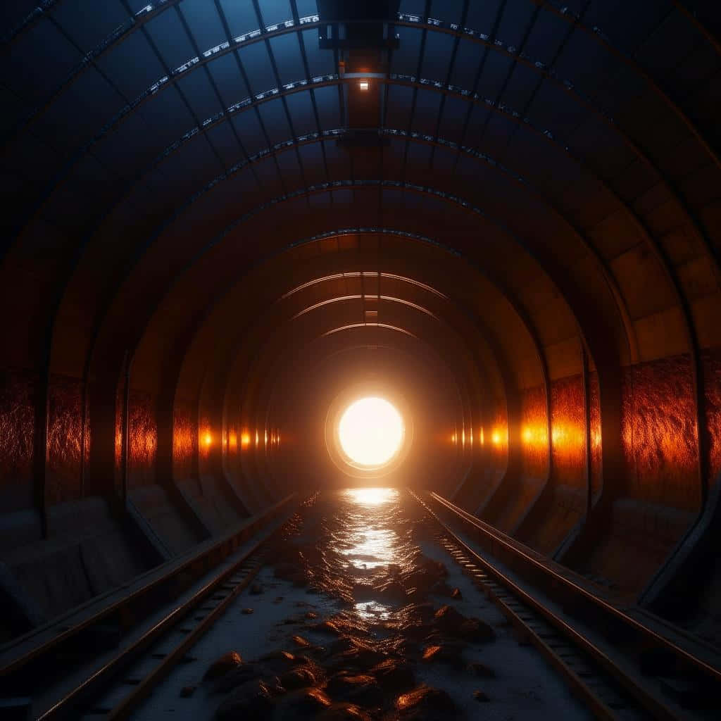 illuminated railway tunnel, sunrise, wet tracks, SD Desktop Wallpaper