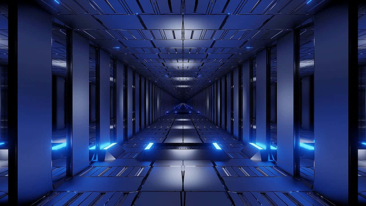 futuristic blue lit tunnel, blue glowing lights, metallic panels, HD Desktop Wallpaper