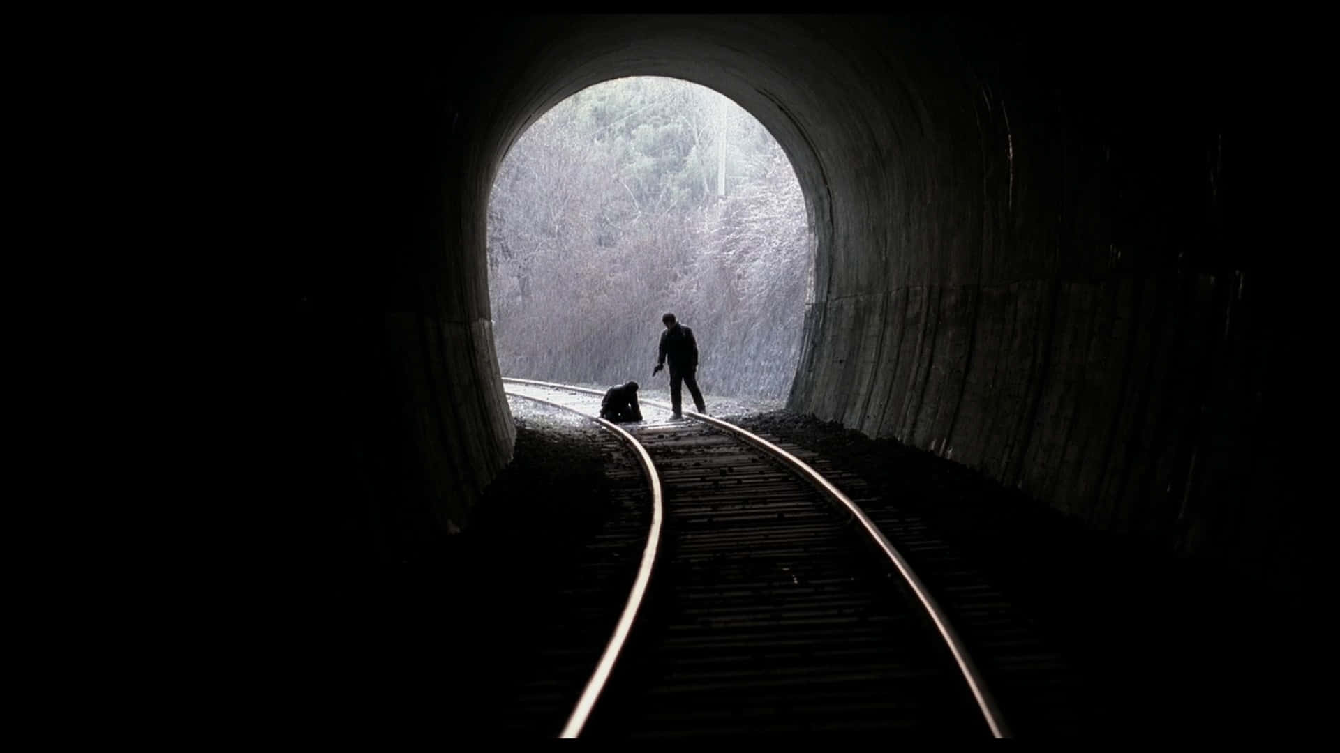 tunnel, lone figure, kneels on the tracks, Full HD Desktop Wallpaper