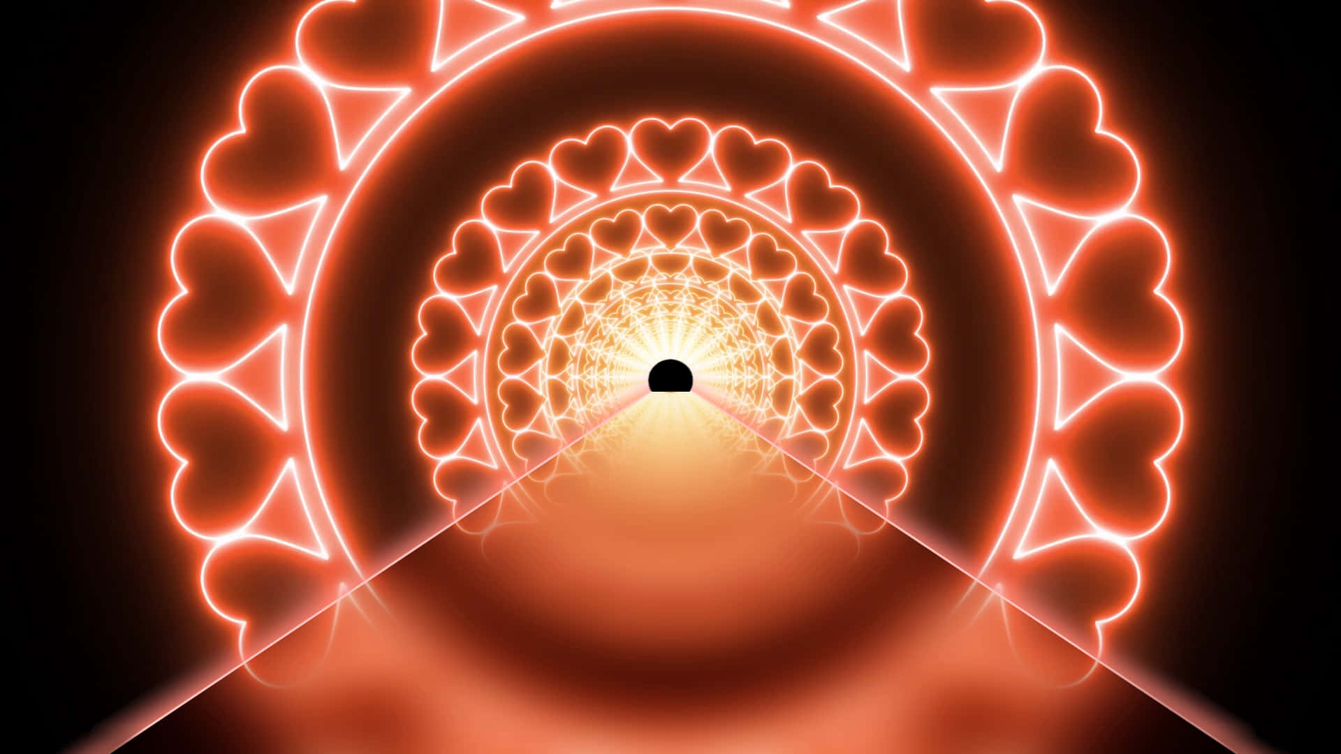Neon Heart Lights Tunnel Stage, glowing orange hearts, spirals inward, Full HD Desktop Wallpaper
