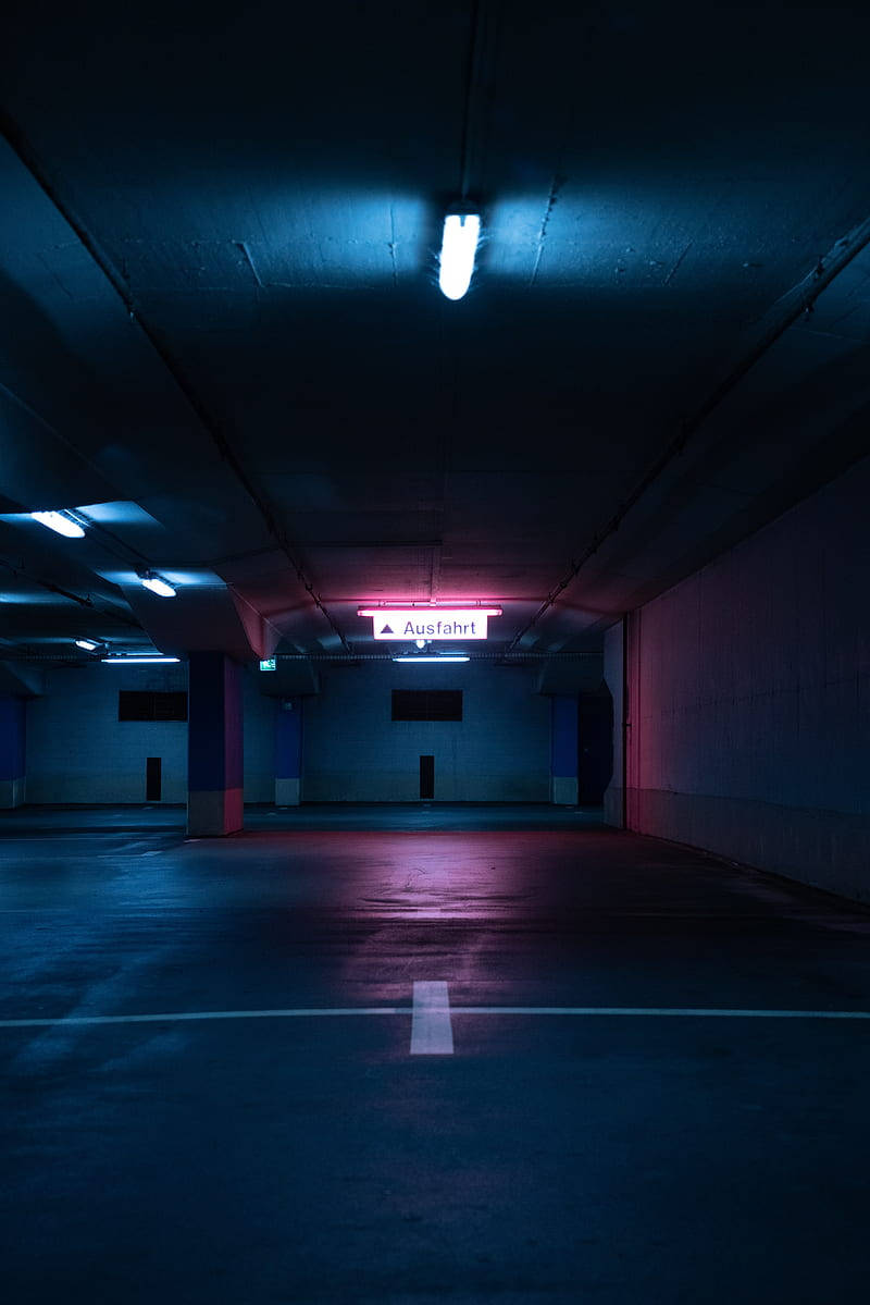 red neon, underground parking, cool blue neon light, SD Phone Wallpaper