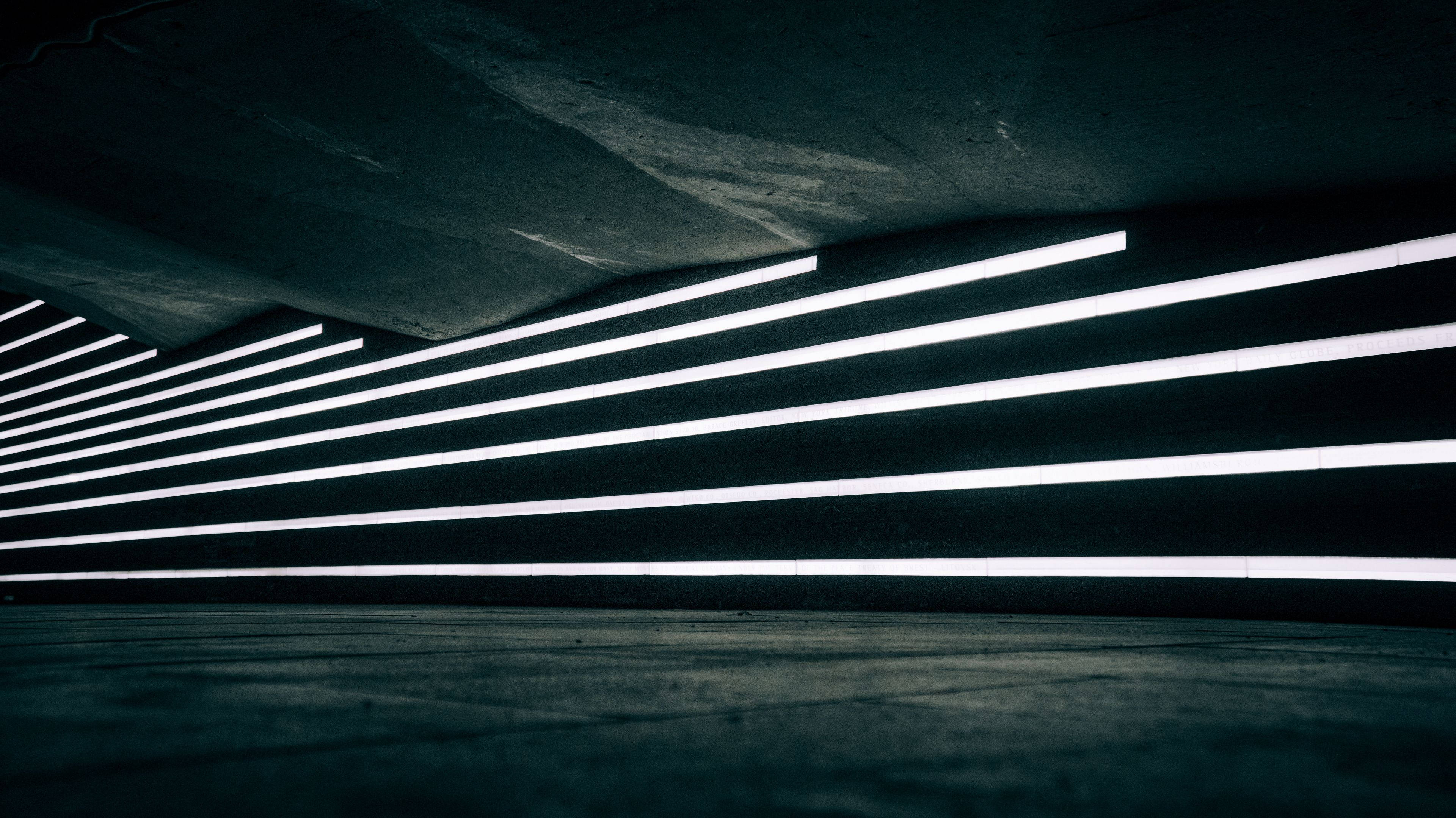 neon light, glowing white neon tubes, dark concrete tunnel, 4K Desktop Wallpaper