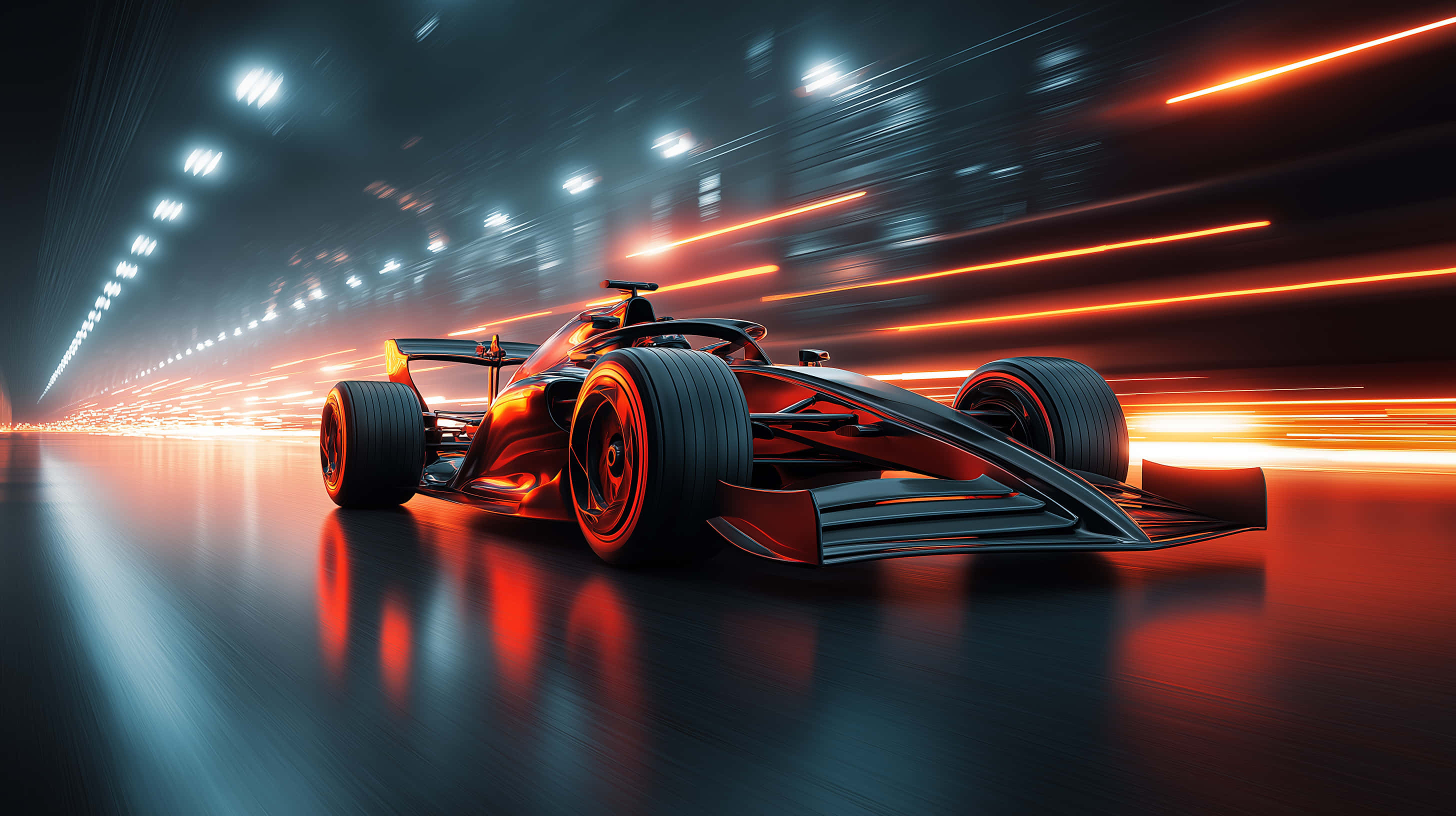 red and black race car, neon-lit tunnel, streaking orange lights, 2K Desktop Wallpaper