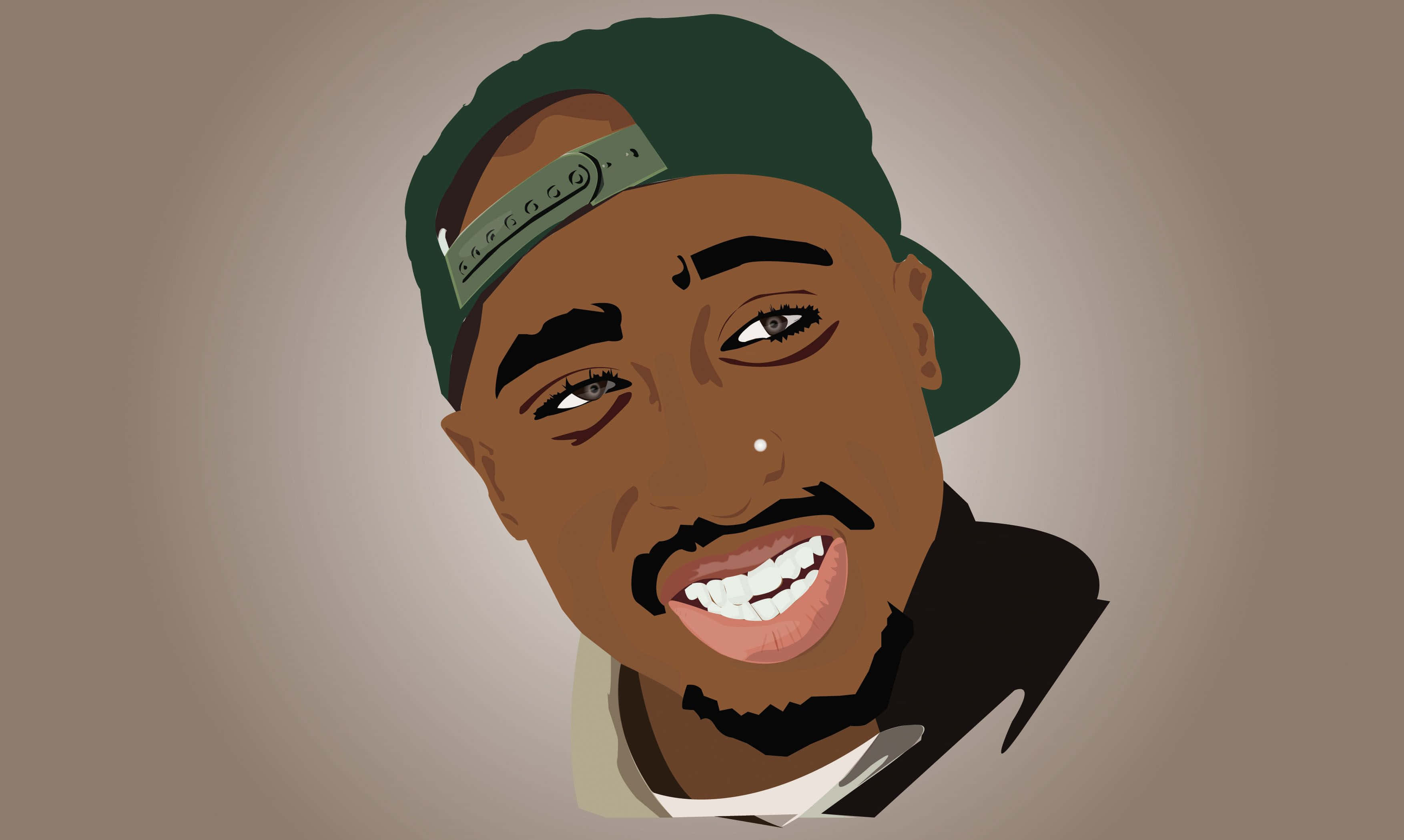 Tupac, green baseball cap, muted brown gradient background, 2K Desktop Wallpaper