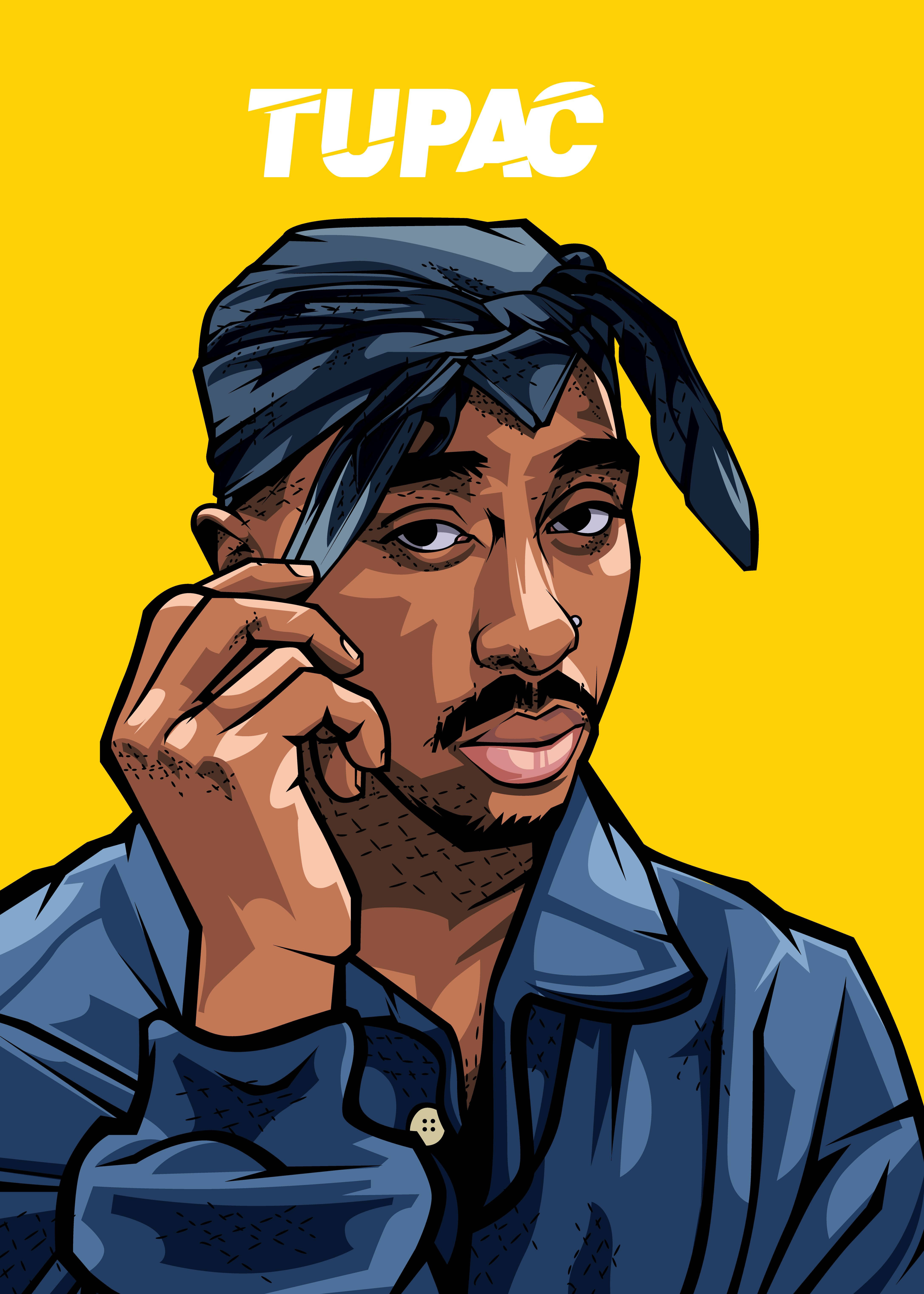 Tupac, cartoon portrait, blue shirt, 5K Phone Wallpaper