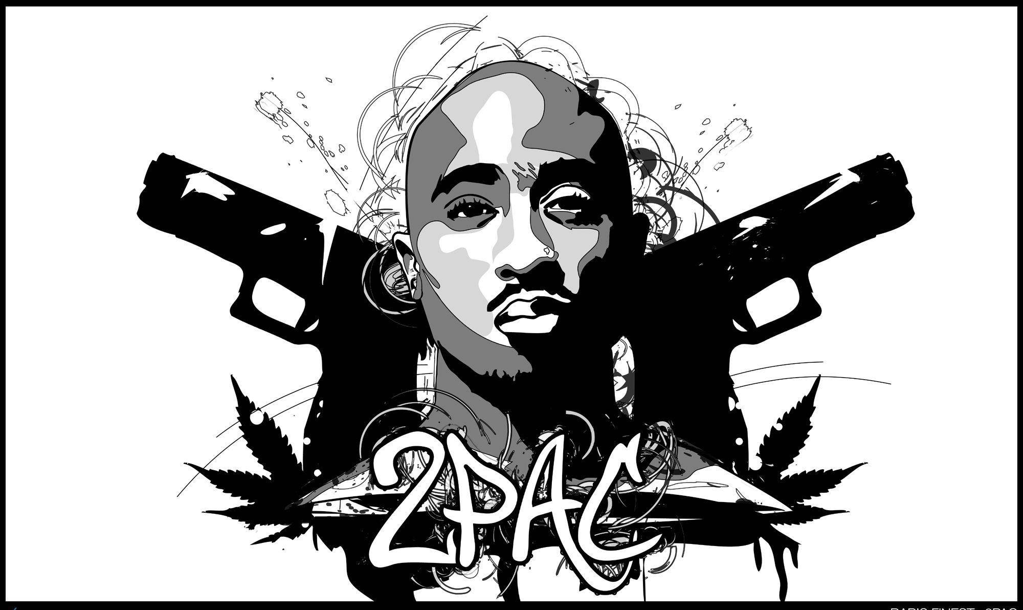 2Pac, pistols, cannabis leaves, Full HD Desktop Wallpaper