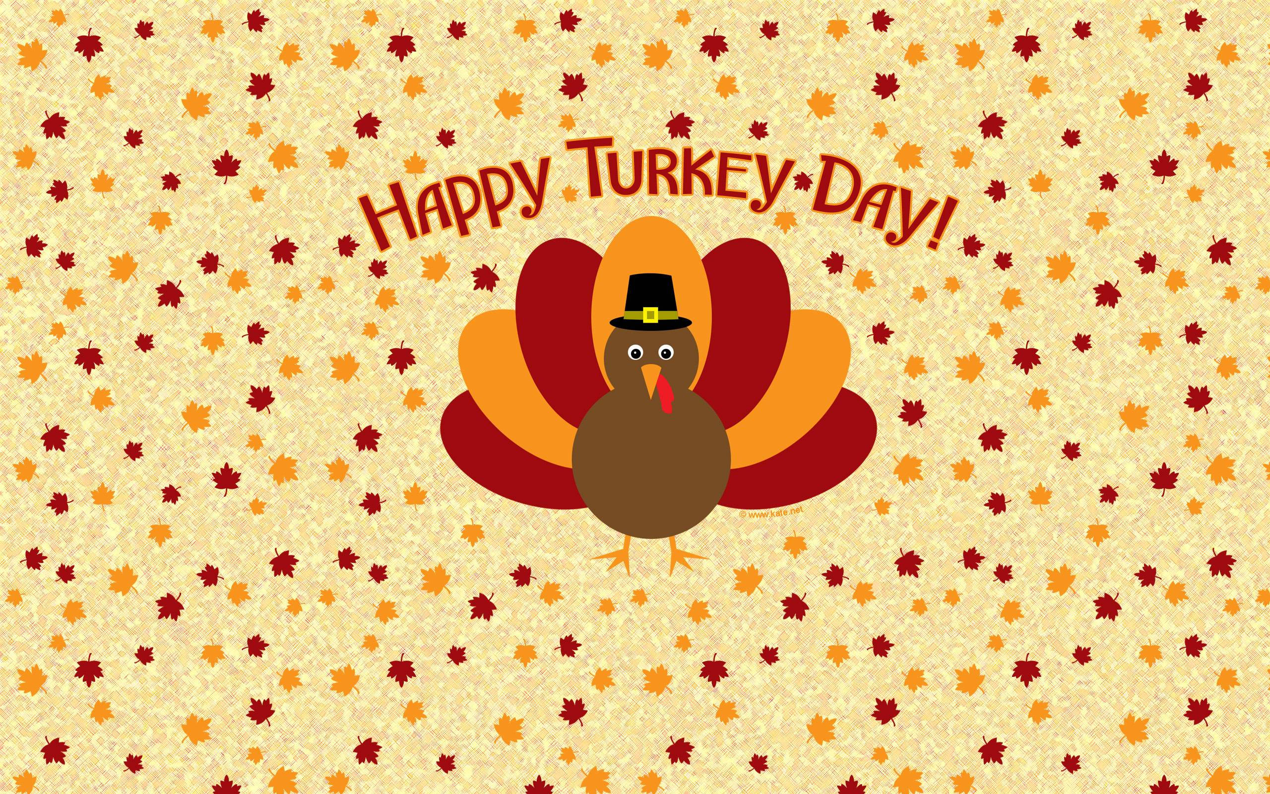 cartoon turkey, pilgrim hat, autumn leaves, 2K Desktop Wallpaper