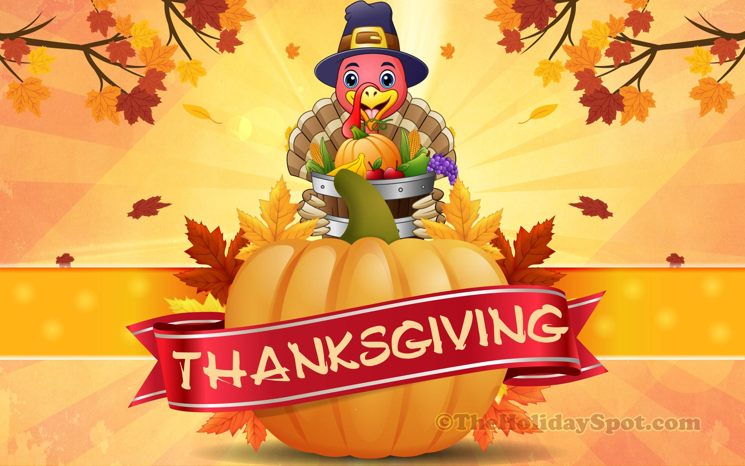 turkey, pilgrim hat, harvest basket, 2K Desktop Wallpaper