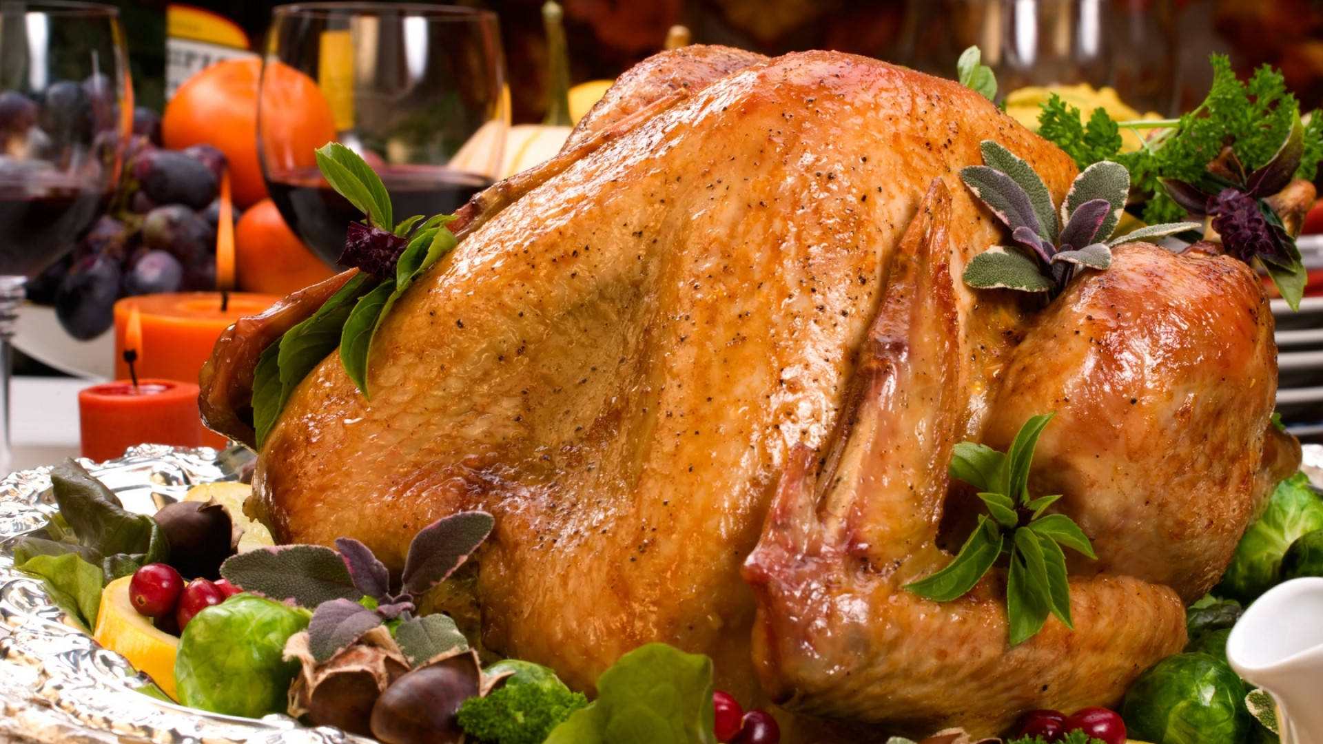 golden roasted turkey, herbs, cranberries, Full HD Desktop Wallpaper