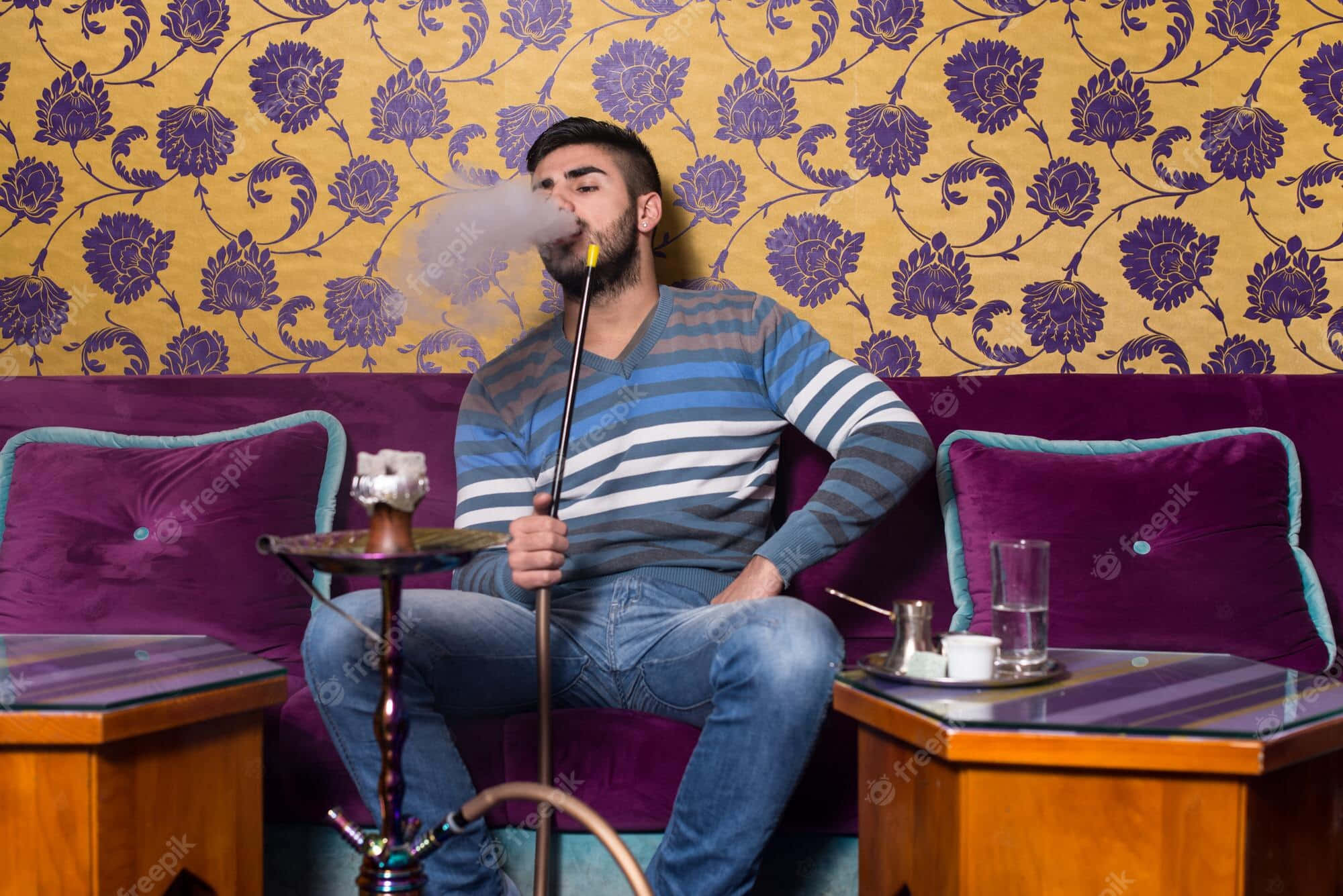 traditional turkish man, striped shirt, purple velvet couch, Full HD Desktop Wallpaper