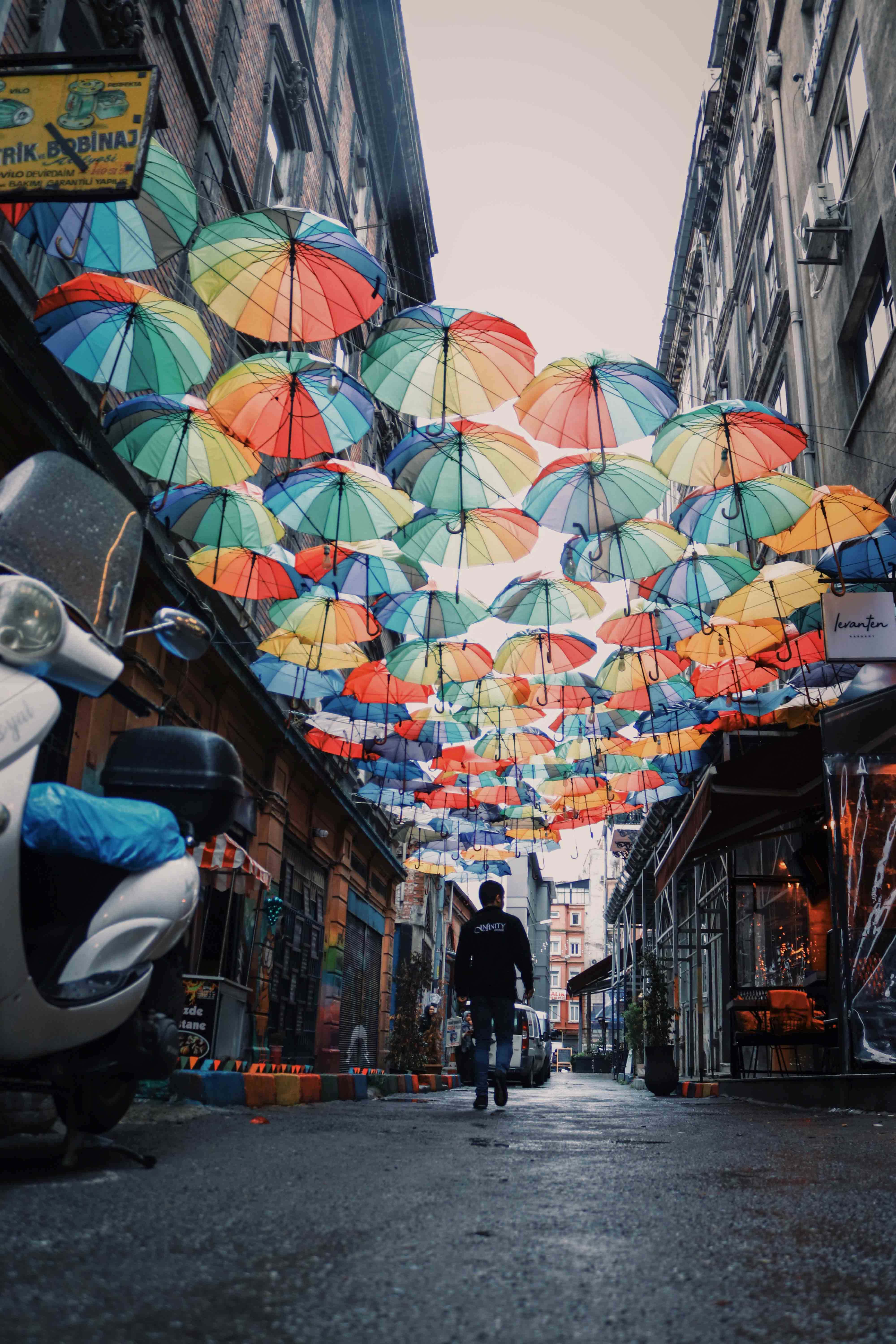 renkli semsiye sokagi, colorful umbrellas, narrow urban alleyway, 5K Phone Wallpaper
