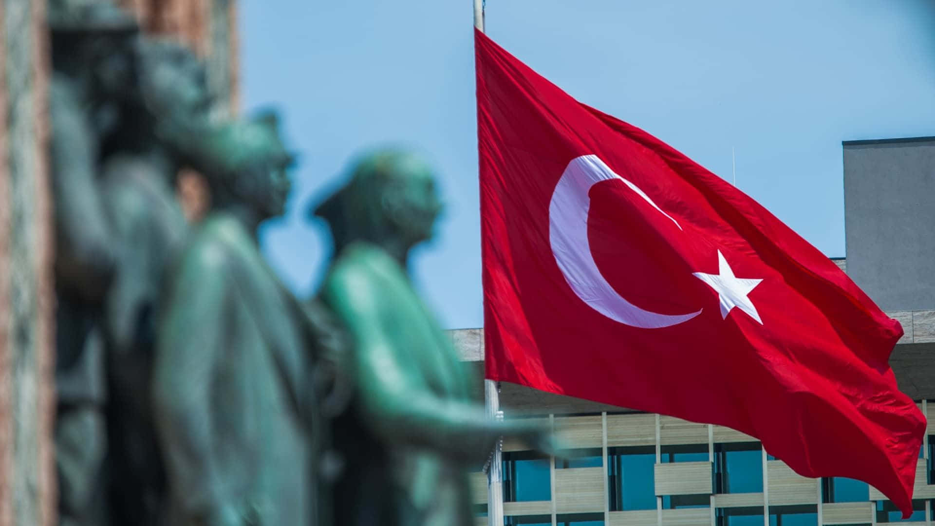 Turkish flag, white crescent and star, clear blue sky, Full HD Desktop Wallpaper