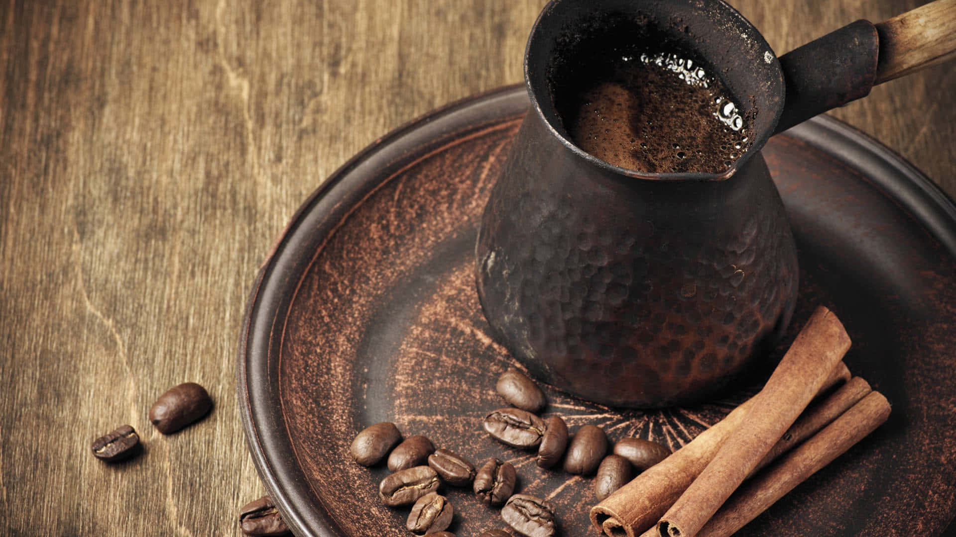 hammered copper cezve, rustic plate, cinnamon sticks, Full HD Desktop Wallpaper