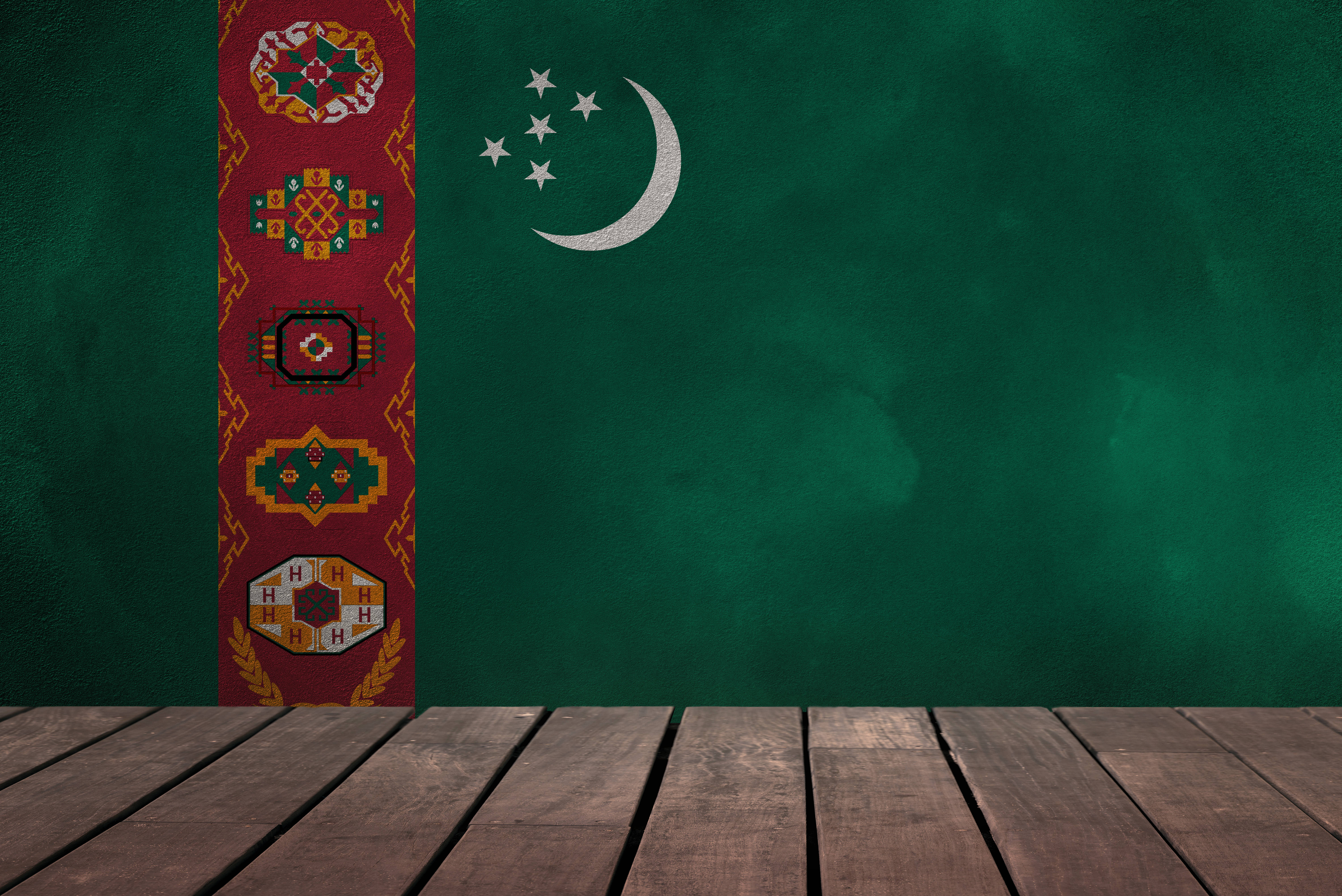 Turkmenistan flag, crescent moon stars, red patterned border, 5K Desktop Wallpaper