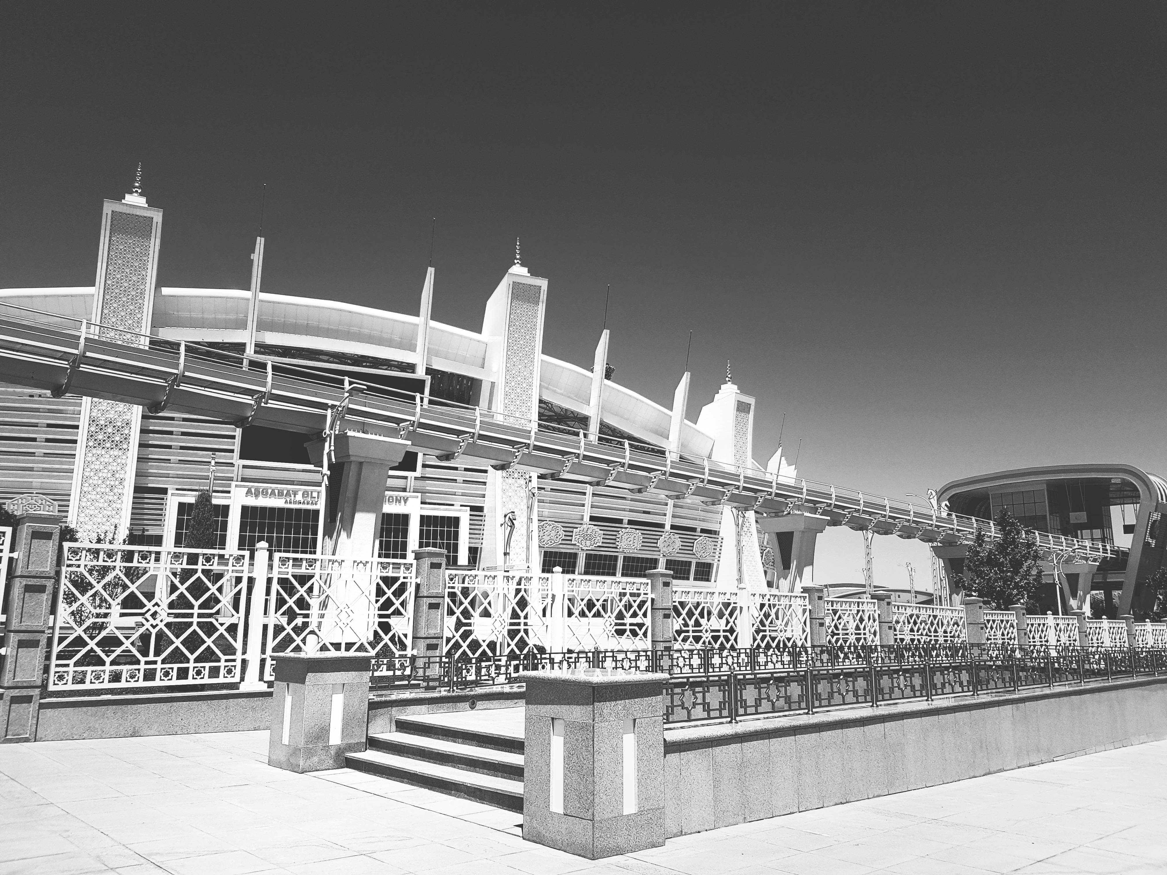 Turkmenistan, black and white, modern architectural structure, 4K Desktop Wallpaper