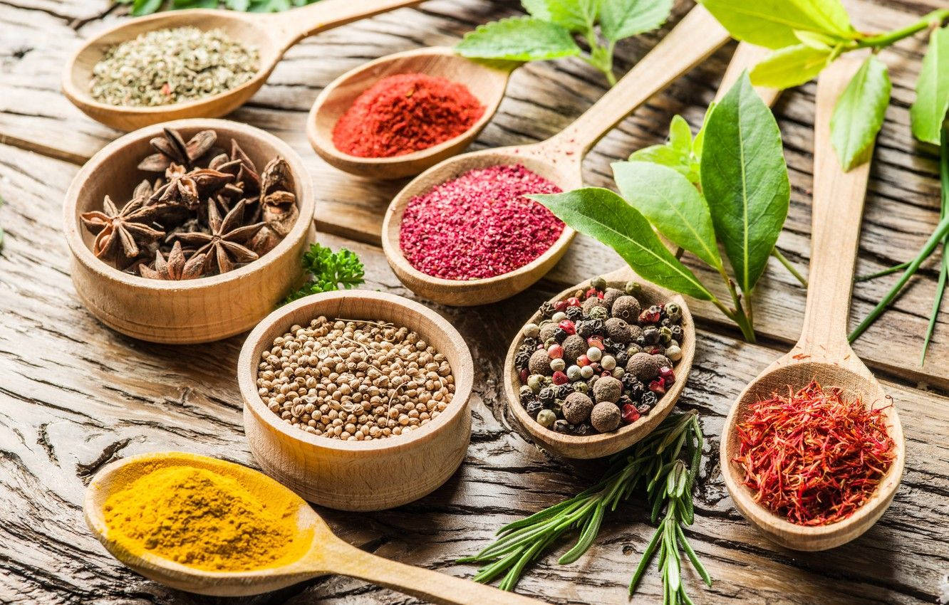 turmeric powder, herbs, wooden spoons, HD Desktop Wallpaper