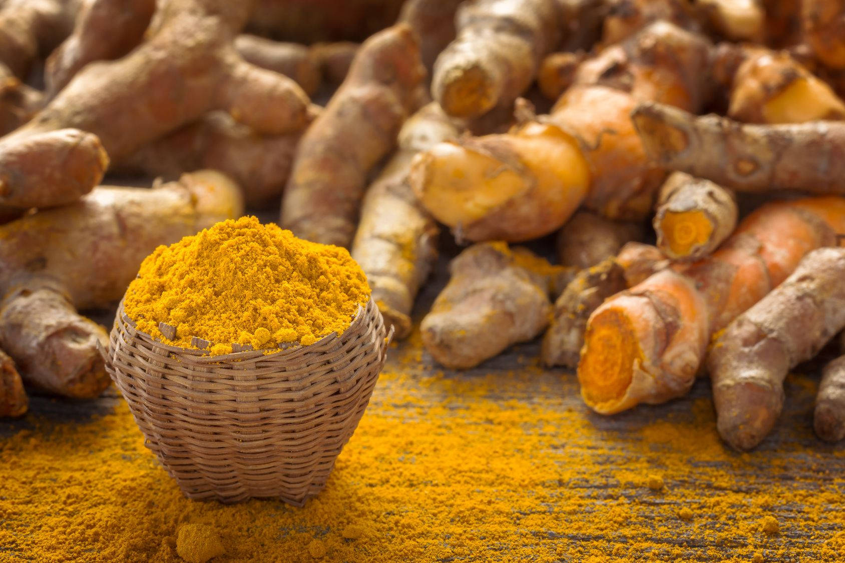 basket, turmeric powder, whole turmeric, HD Desktop Wallpaper