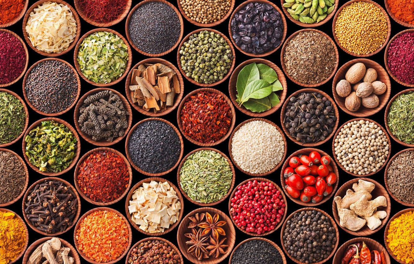 turmeric powder, wooden bowls, colorful spices, HD Desktop Wallpaper