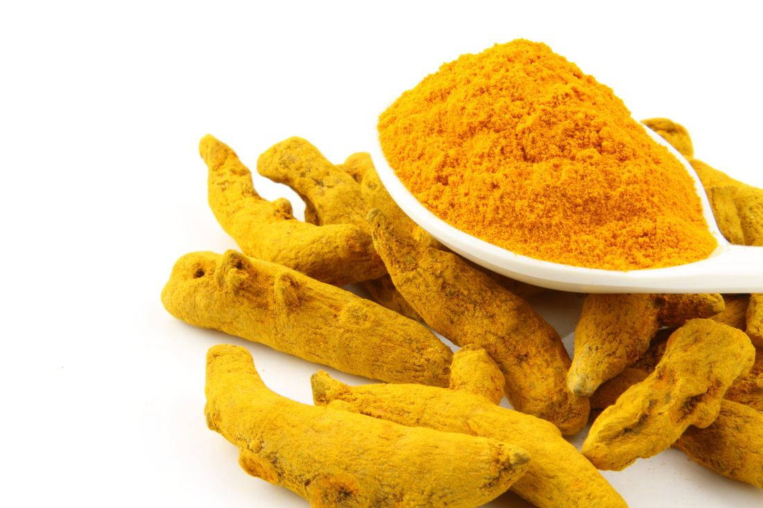 yellow turmeric powder, rhizomes, white spoon, SD Desktop Wallpaper