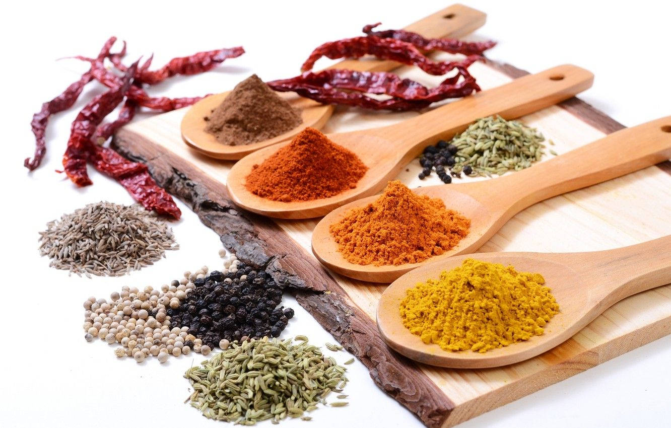 turmeric powder, dried chilies, wooden spoons, HD Desktop Wallpaper
