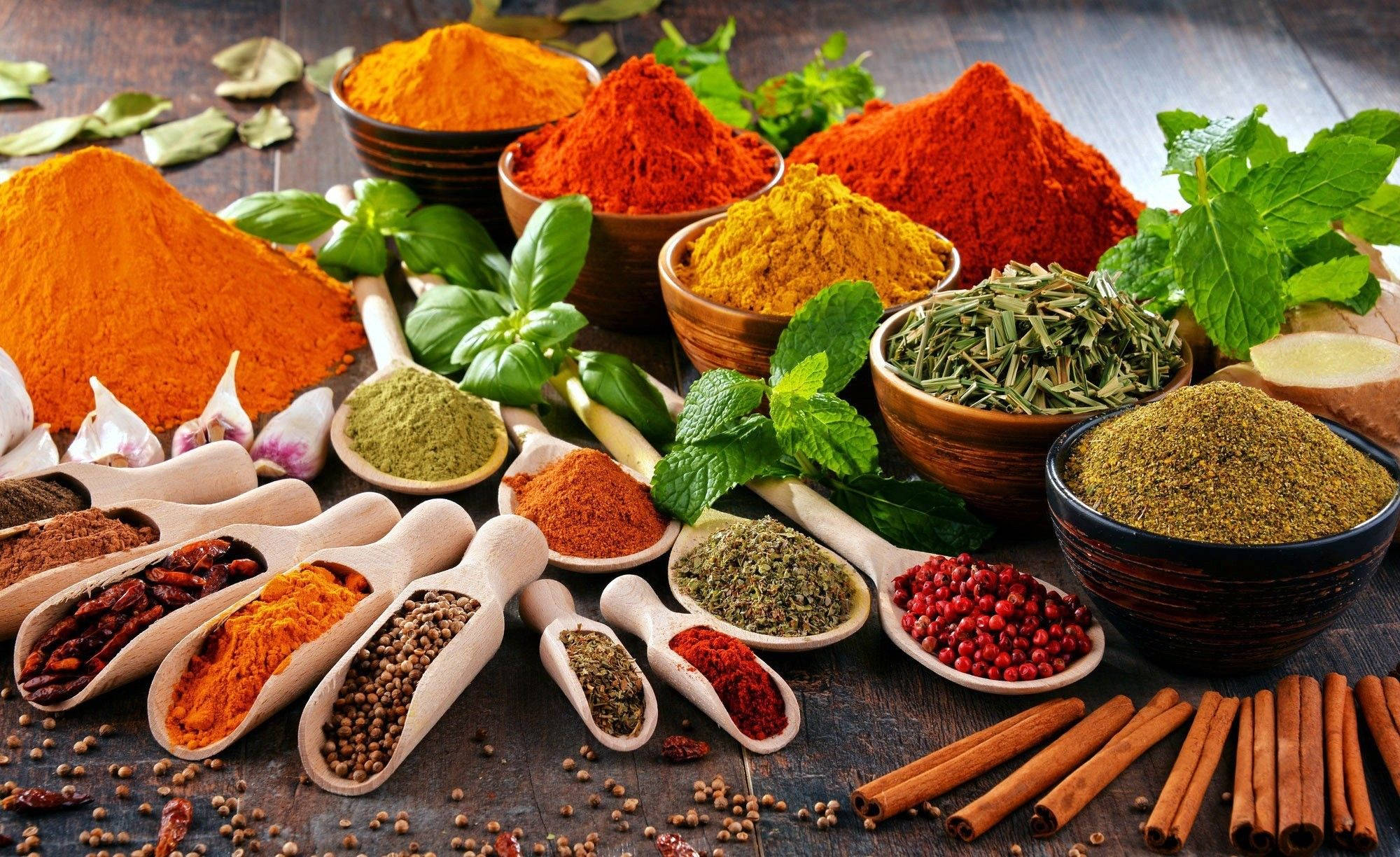 turmeric powder, wooden bowls, spoons, Full HD Desktop Wallpaper