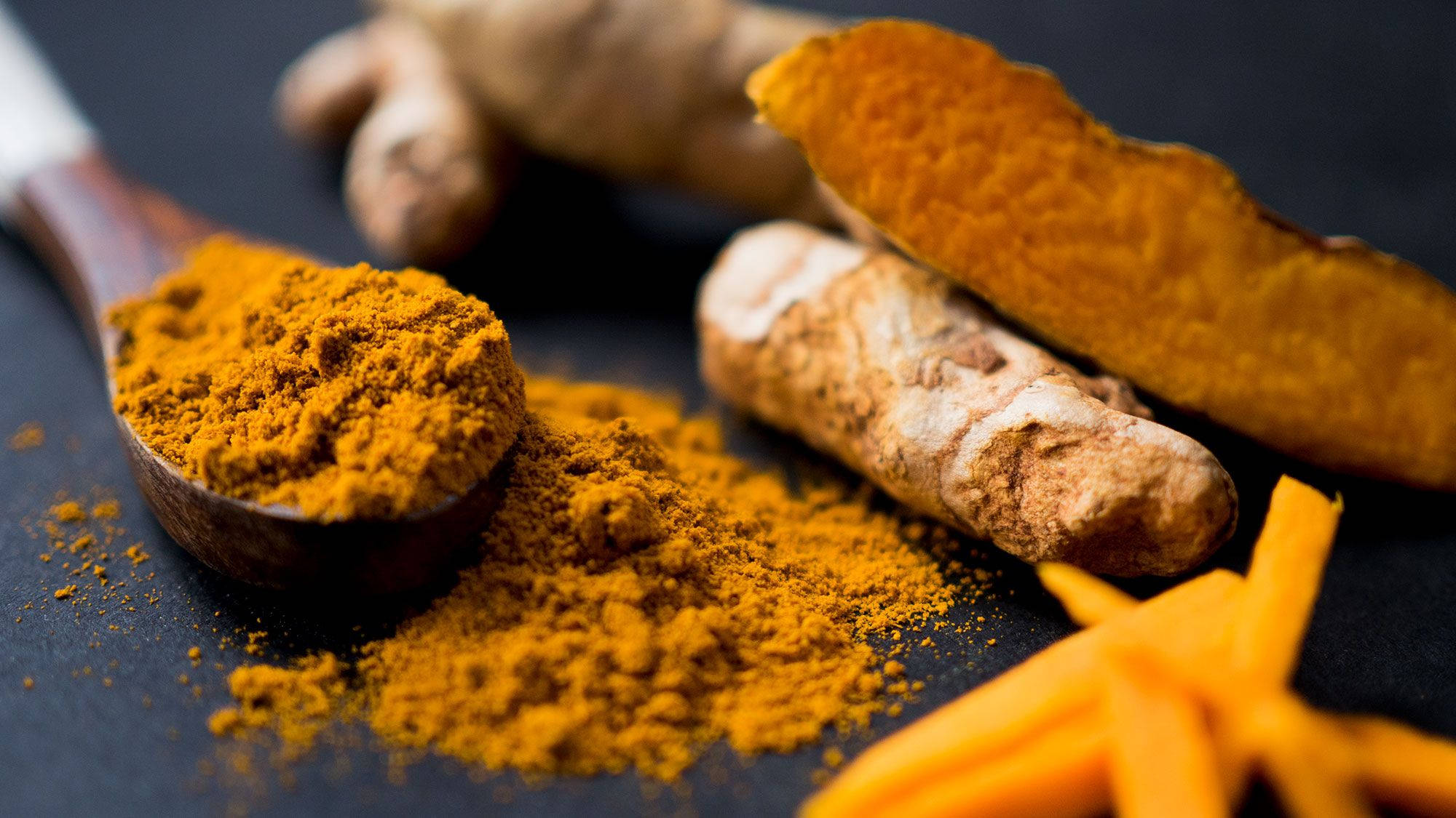 turmeric powder, fresh roots, sliced pieces, Full HD Desktop Wallpaper