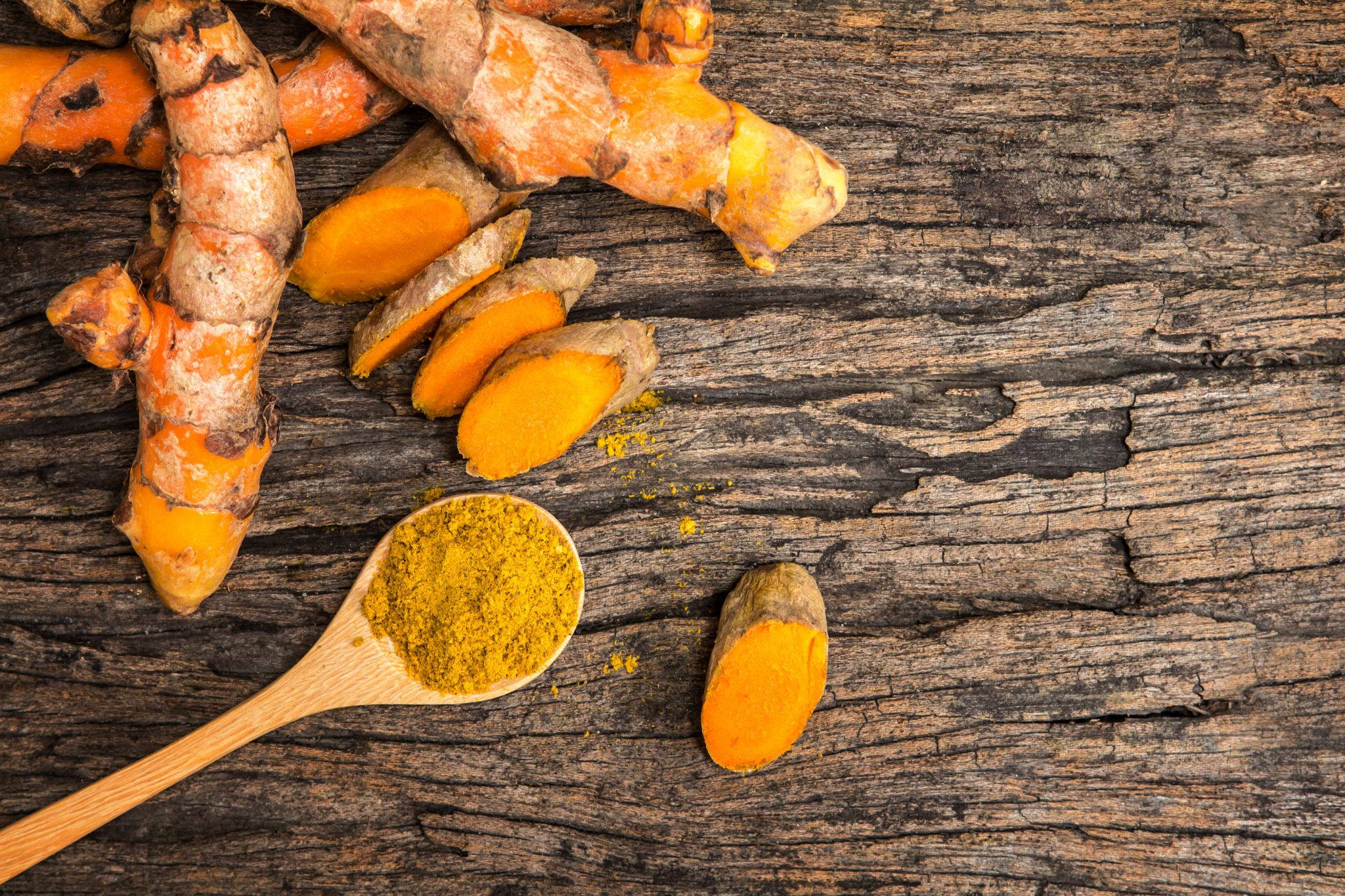 turmeric powder, spoon, weathered wooden surface, Full HD Desktop Wallpaper