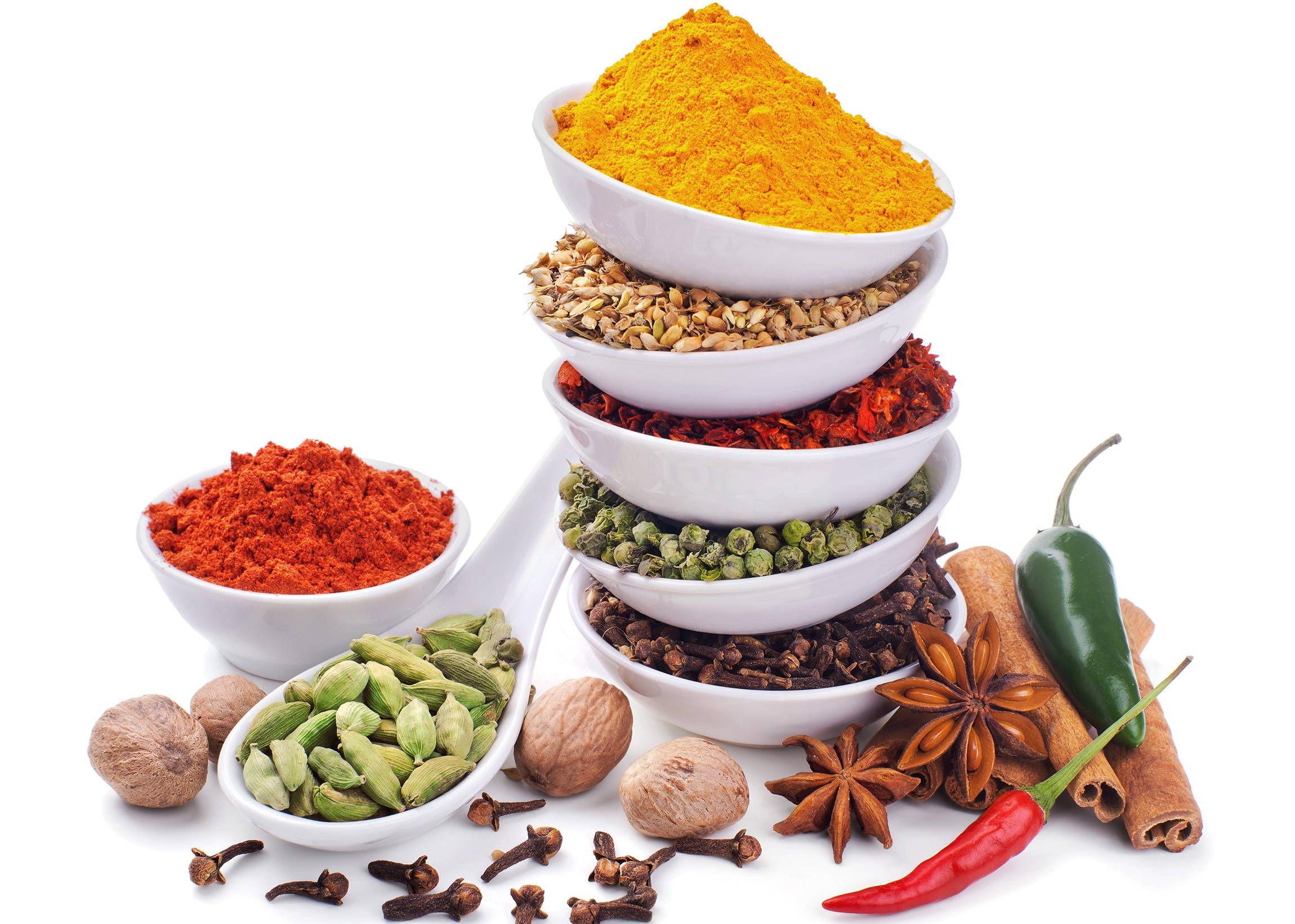turmeric, chili powder, peppercorns, Full HD Desktop Wallpaper