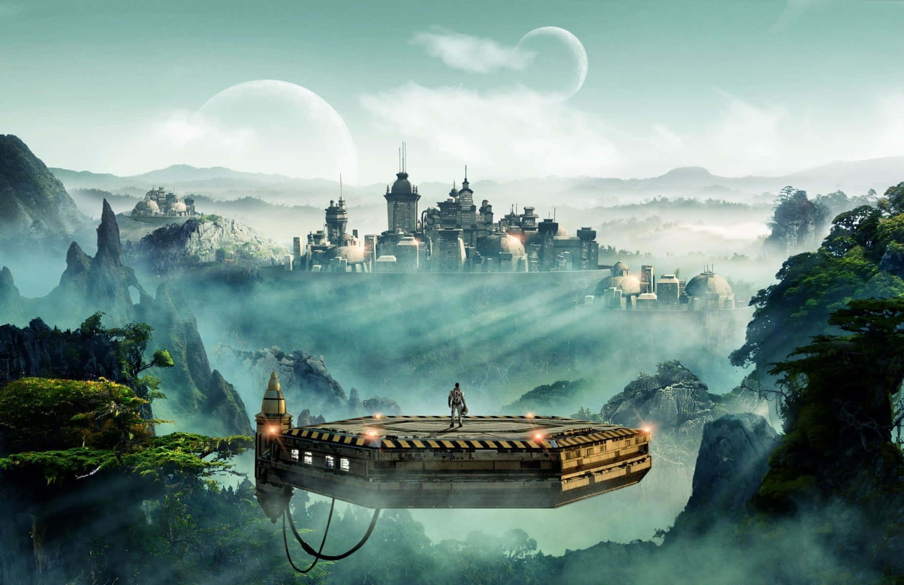 futuristic city, floating platform, misty alien valley, HD Desktop Wallpaper
