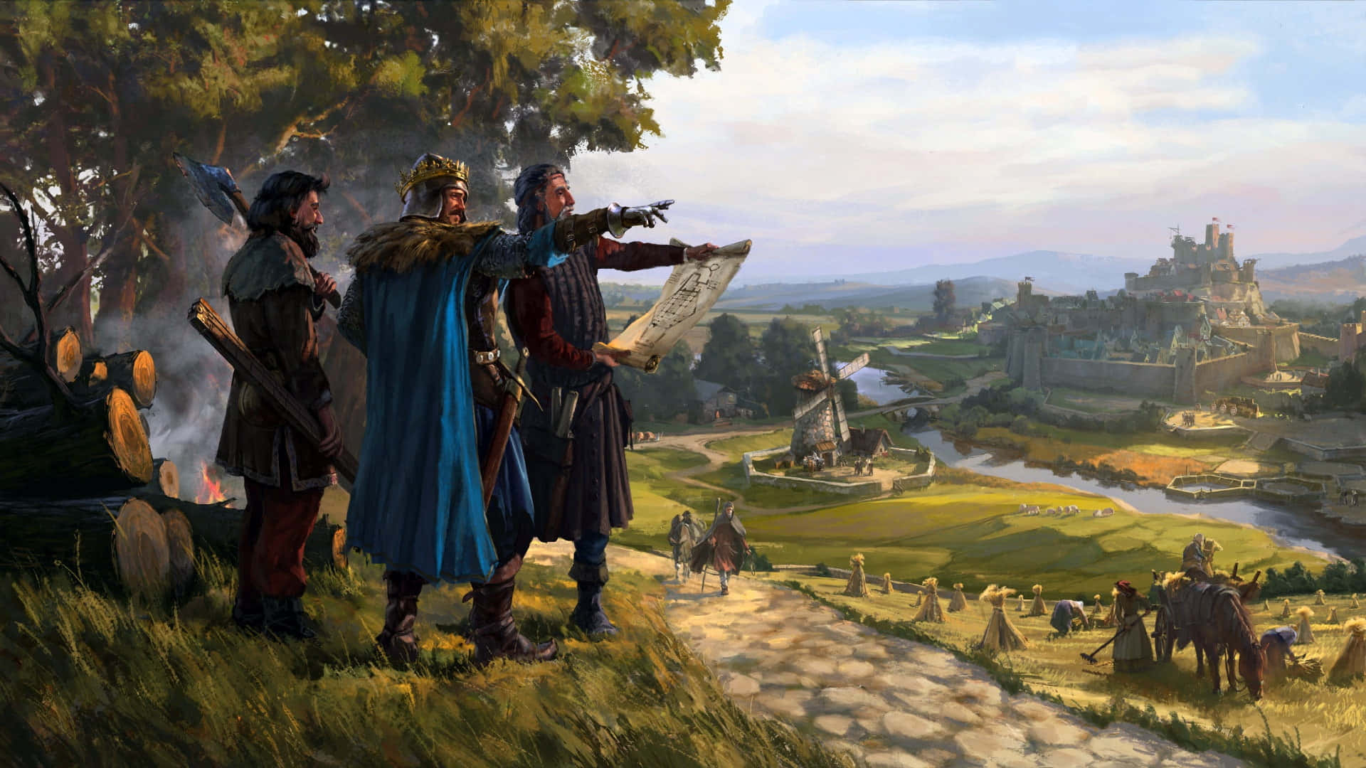 medieval warriors, forest, castle, Full HD Desktop Wallpaper