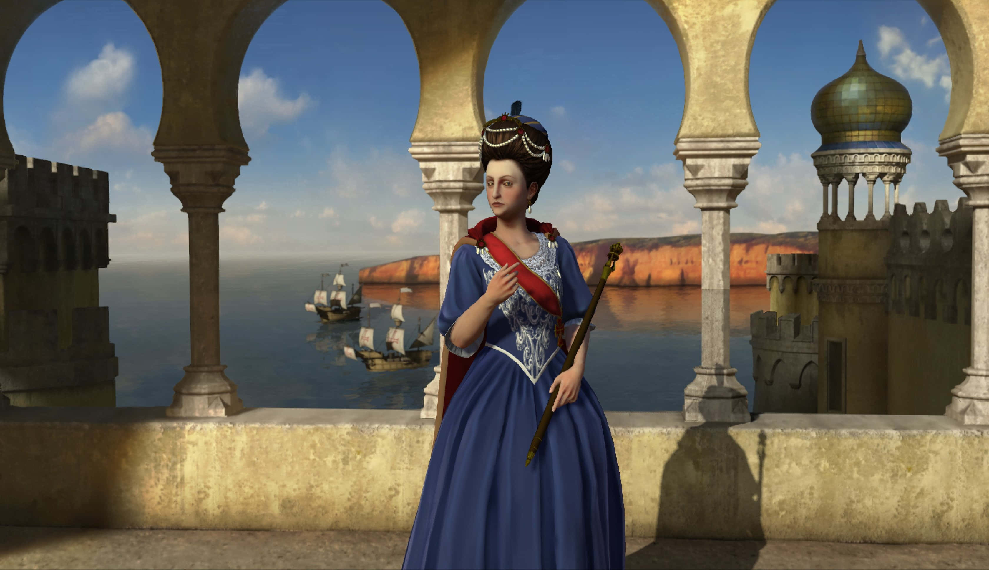 Turn-based Strategy, blue and red gown, stone balcony, 2K Desktop Wallpaper