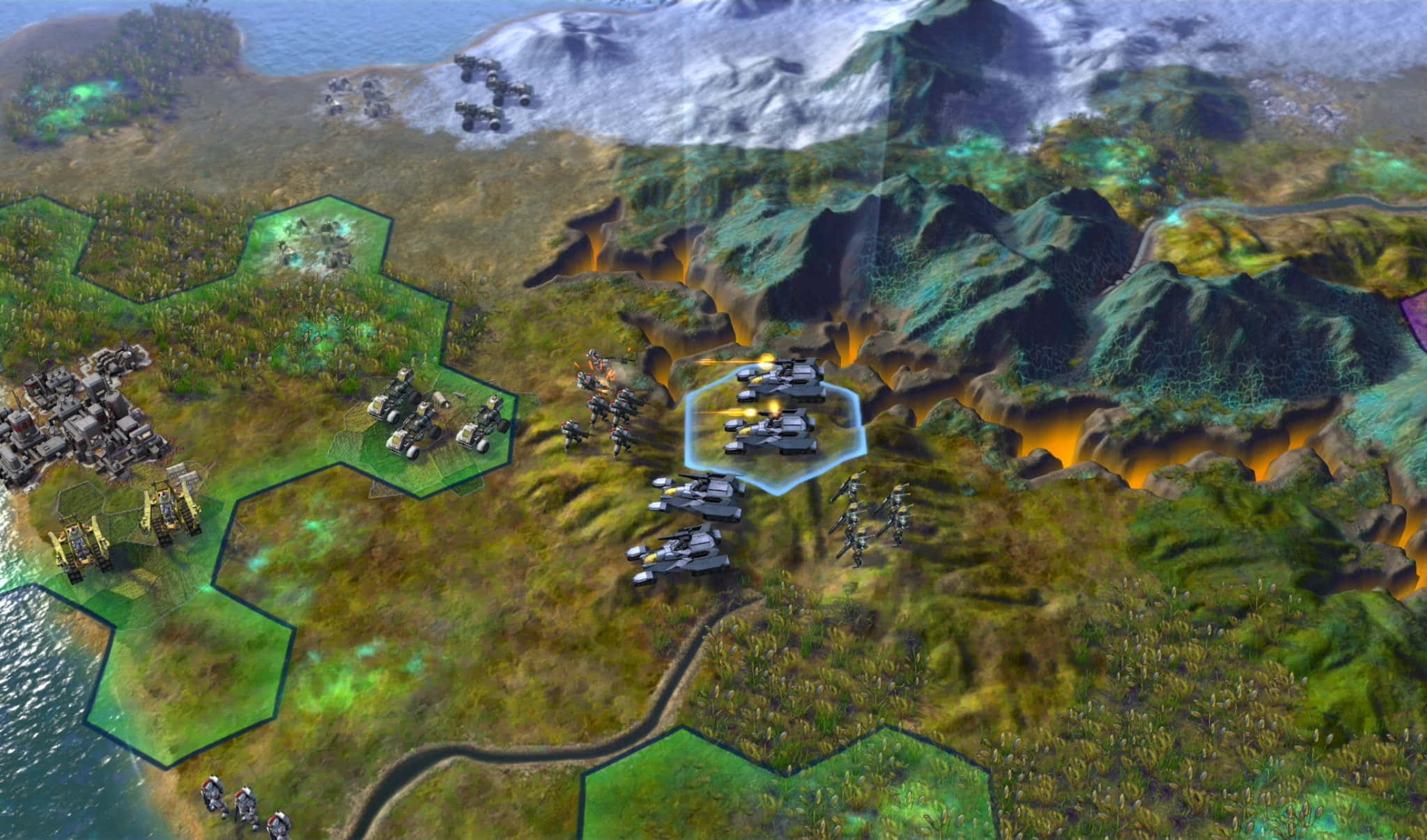 Turn-Based Strategy, glowing hexagonal zones, armored vehicles, Full HD Desktop Wallpaper