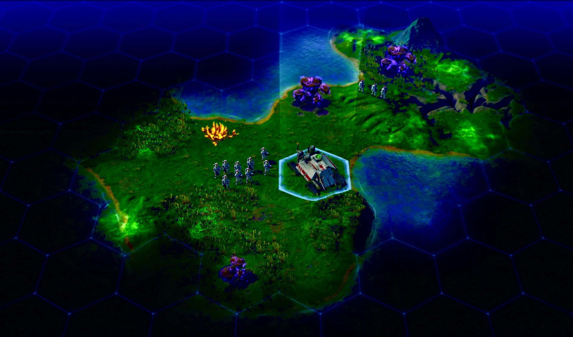 glowing green hexagonal map, futuristic units, futuristic structures, HD Desktop Wallpaper