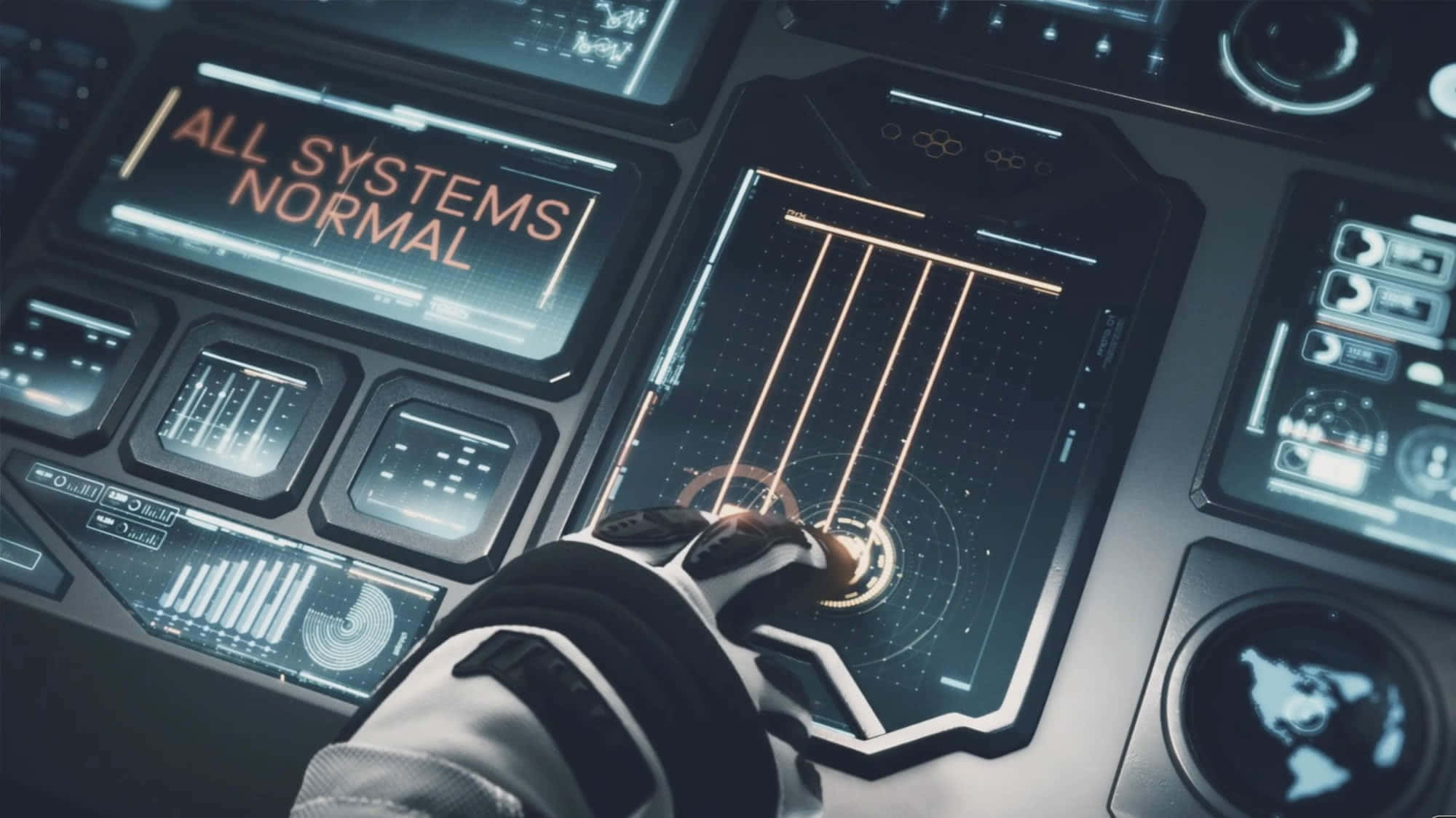 futuristic control panel, glowing holographic interfaces, ALL SYSTEMS NORMAL, Full HD Desktop Wallpaper