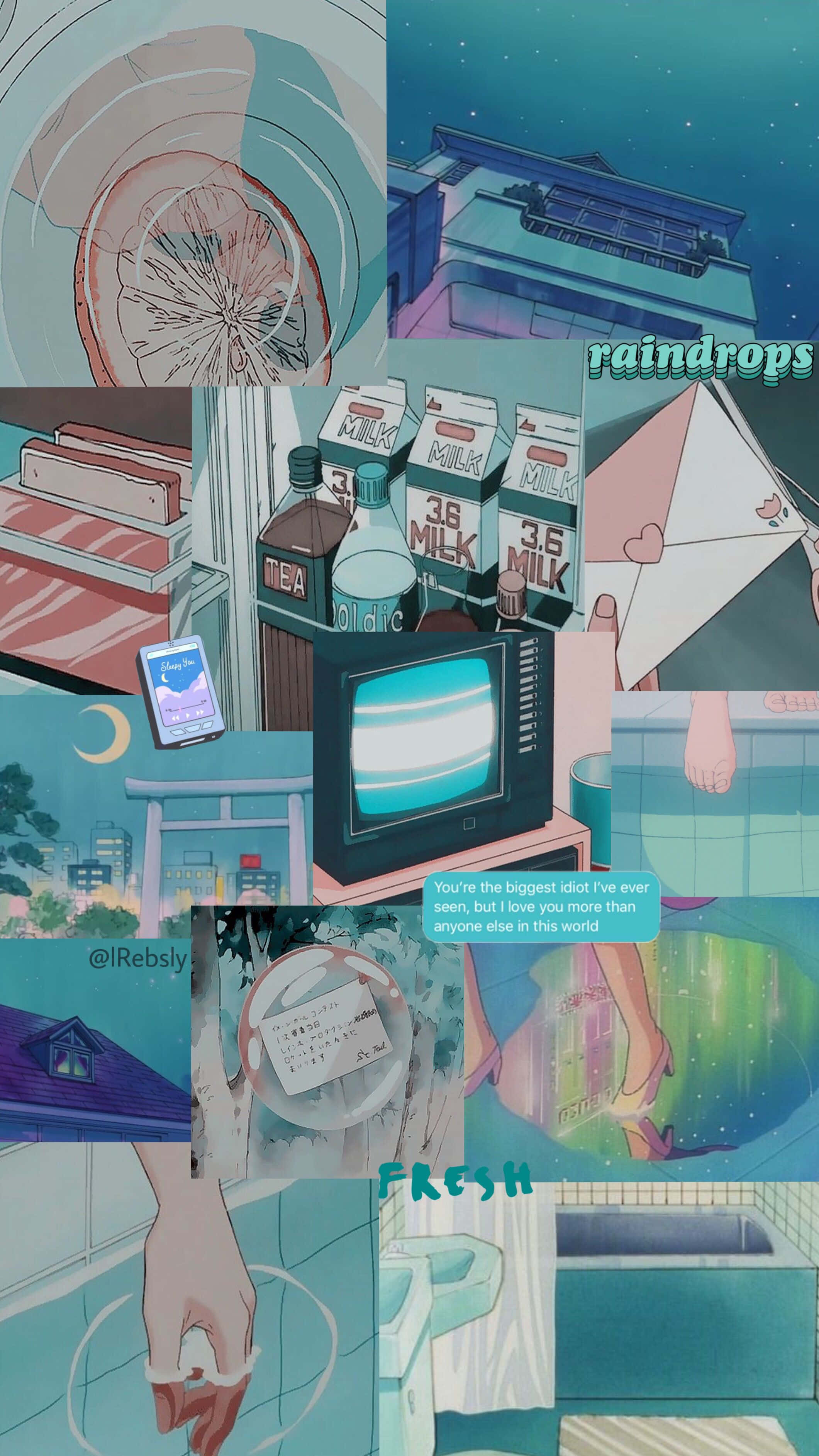 turquoise aesthetic, anime-style collage, teal and pink scenes, 2K Phone Wallpaper
