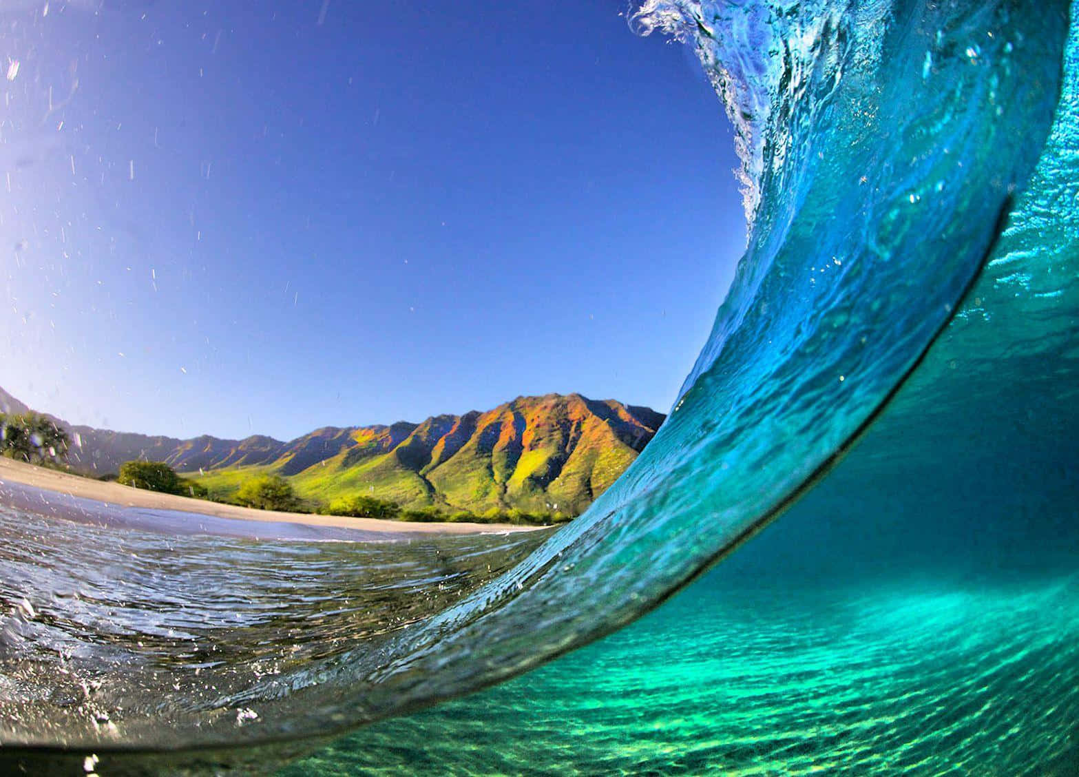 turquoise wave, sandy beach, lush green mountains, HD Desktop Wallpaper