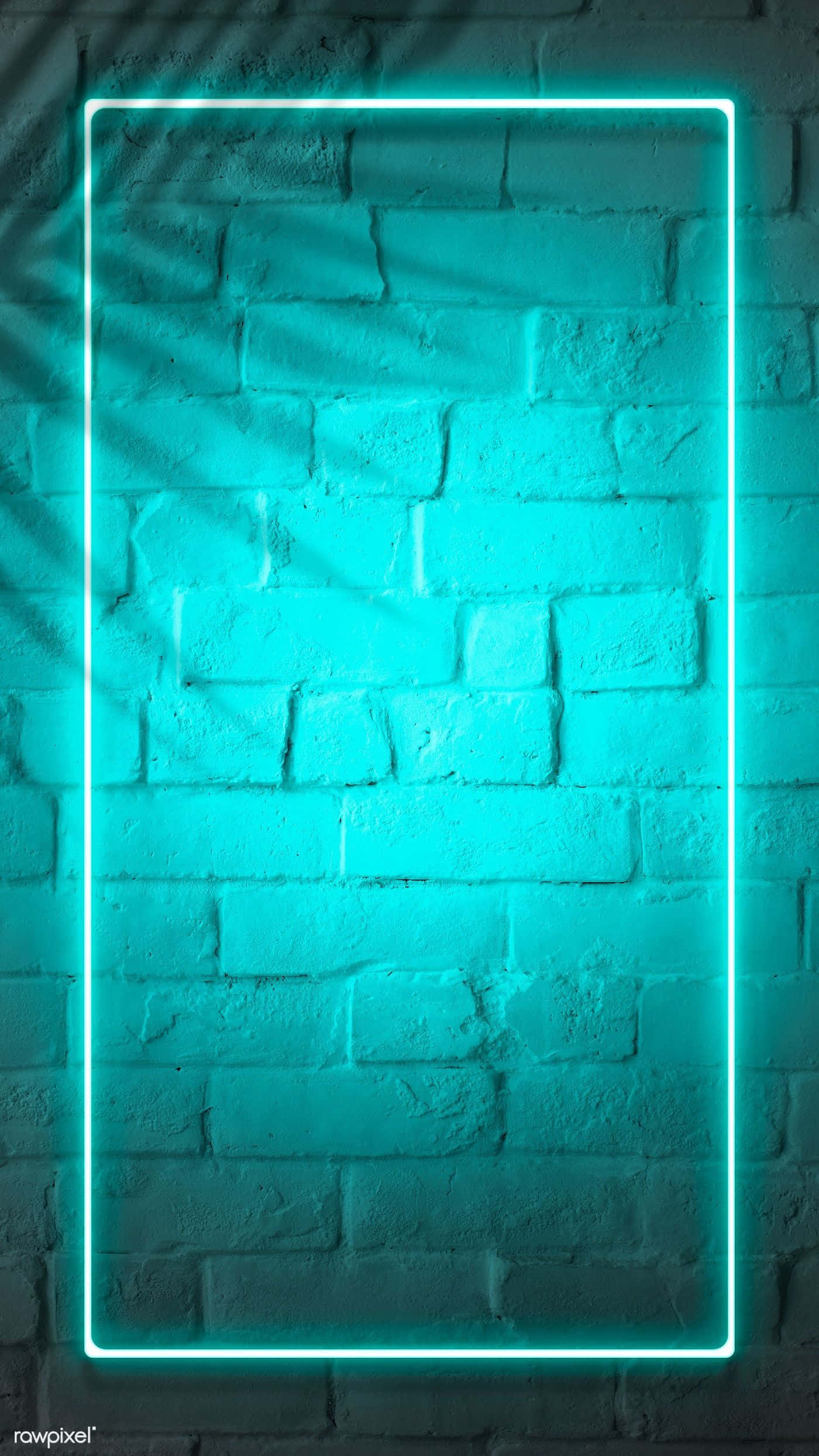 turquoise blue sky, cyan neon rectangle, textured brick wall, Full HD Phone Wallpaper