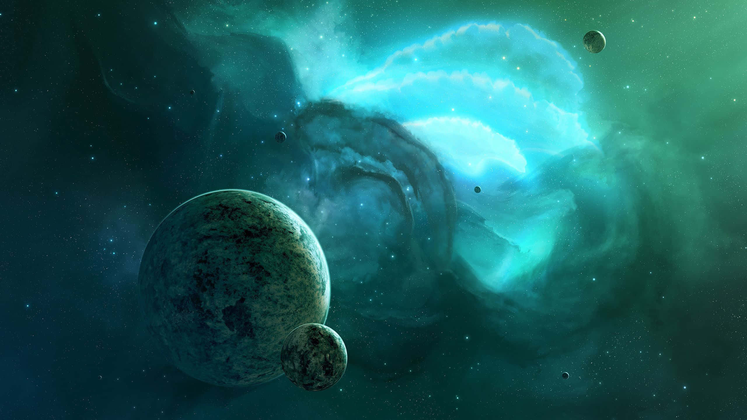 Turquoise Blue, glowing turquoise nebula, large planet, 2K Desktop Wallpaper