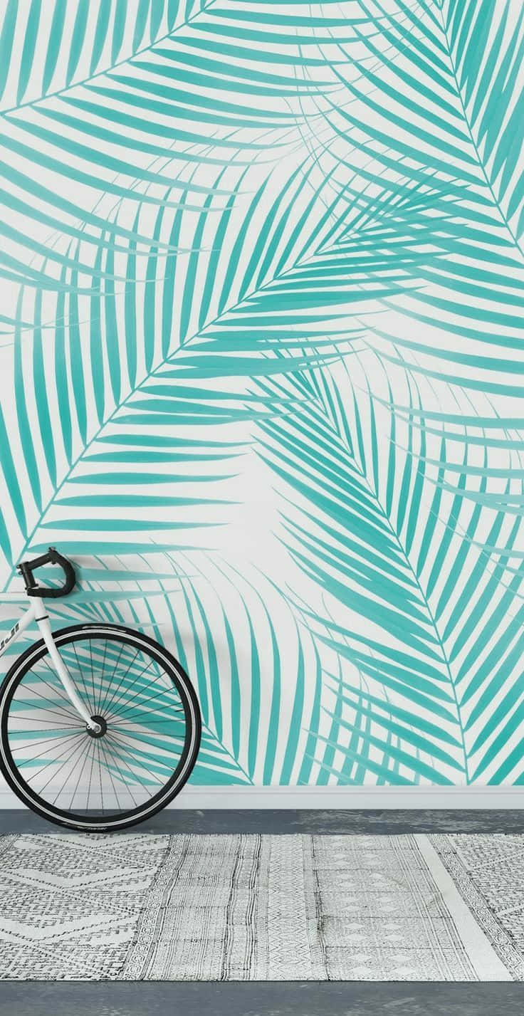 teal palm leaf wallpaper, patterned rug, gray floor, HD Phone Wallpaper