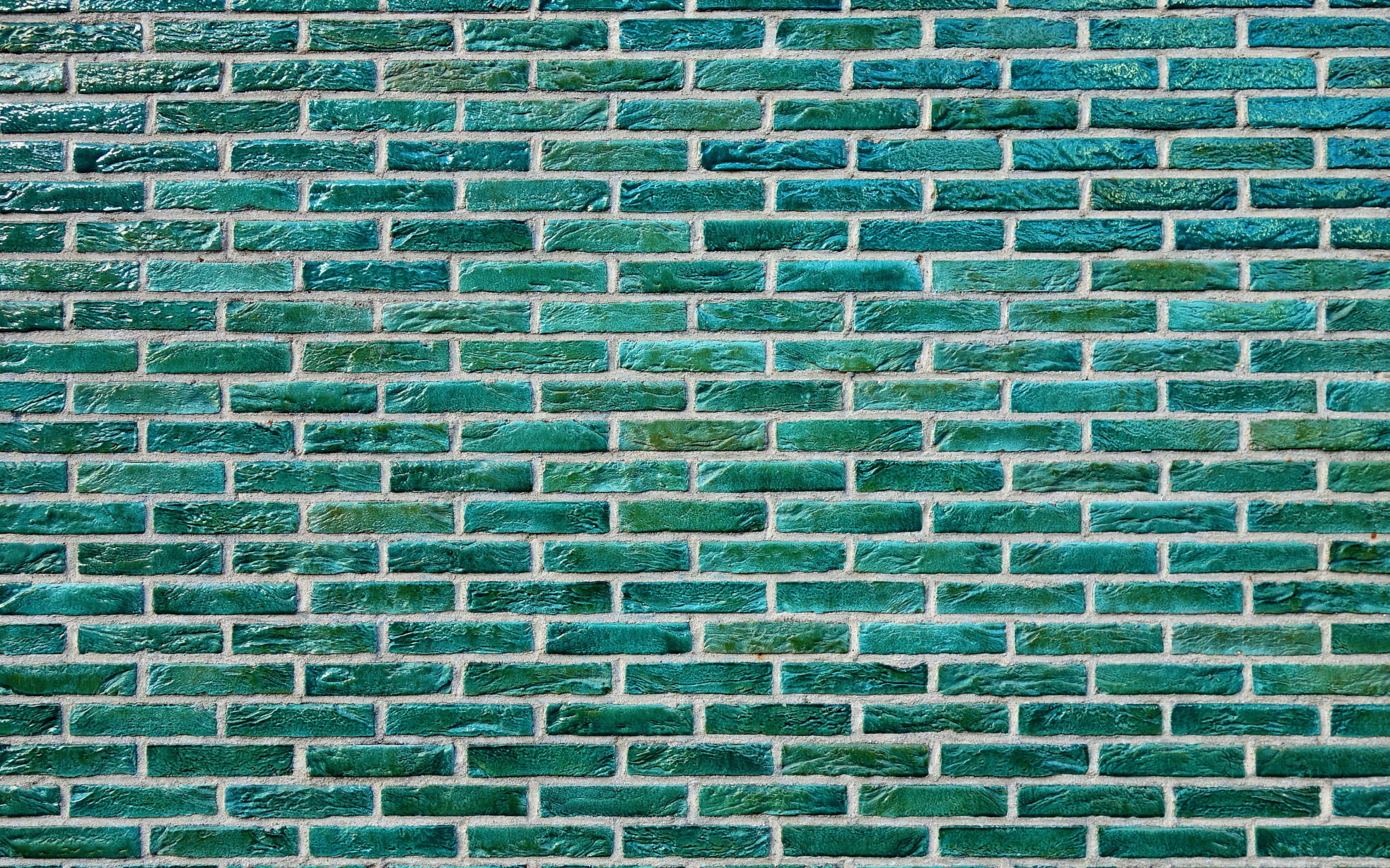 Turquoise Green, glossy teal ceramic bricks, white mortar lines, 2K Desktop Wallpaper