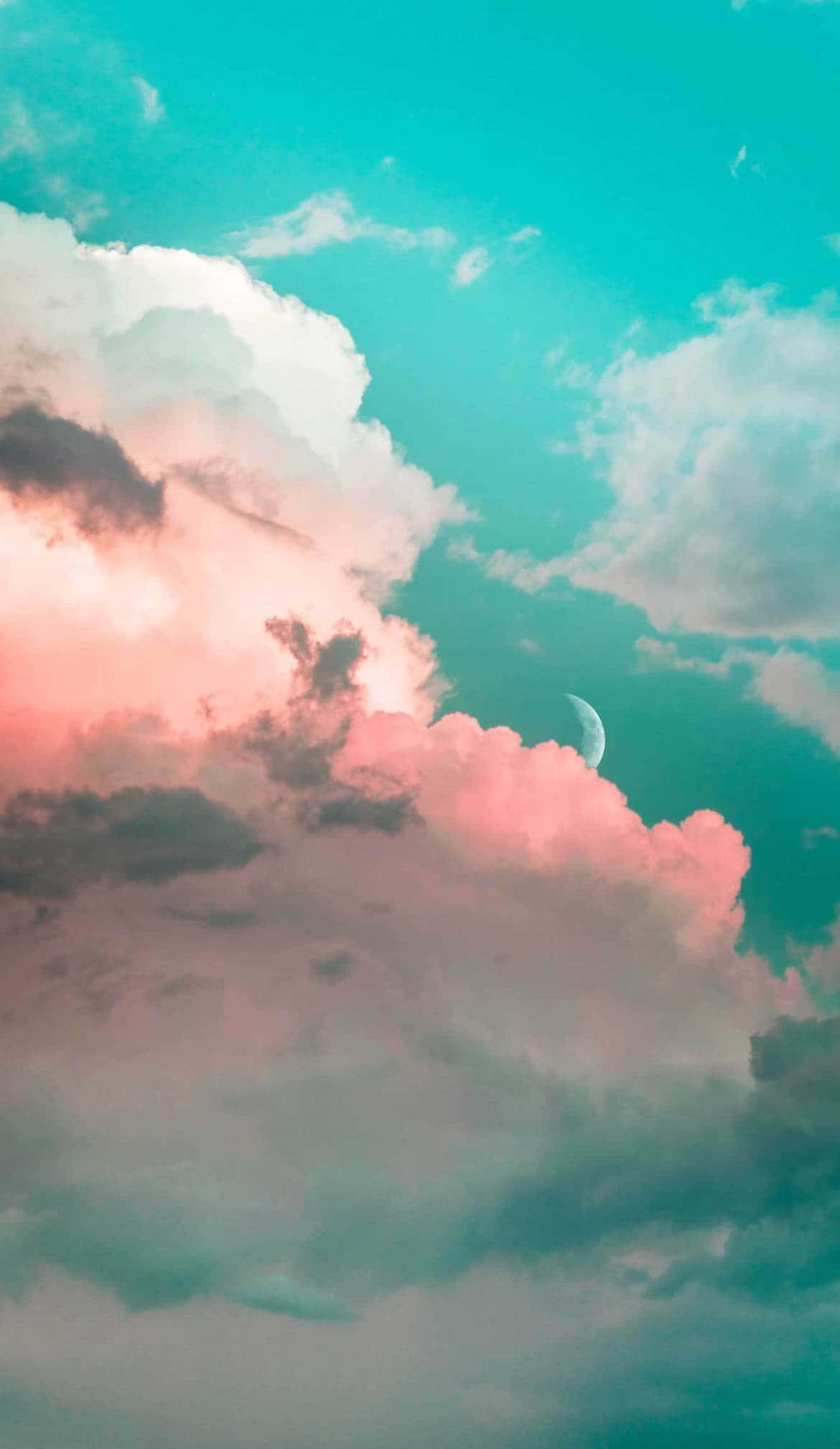 Turquoise iPhone, crescent moon, pink and teal clouds, Full HD Phone Wallpaper