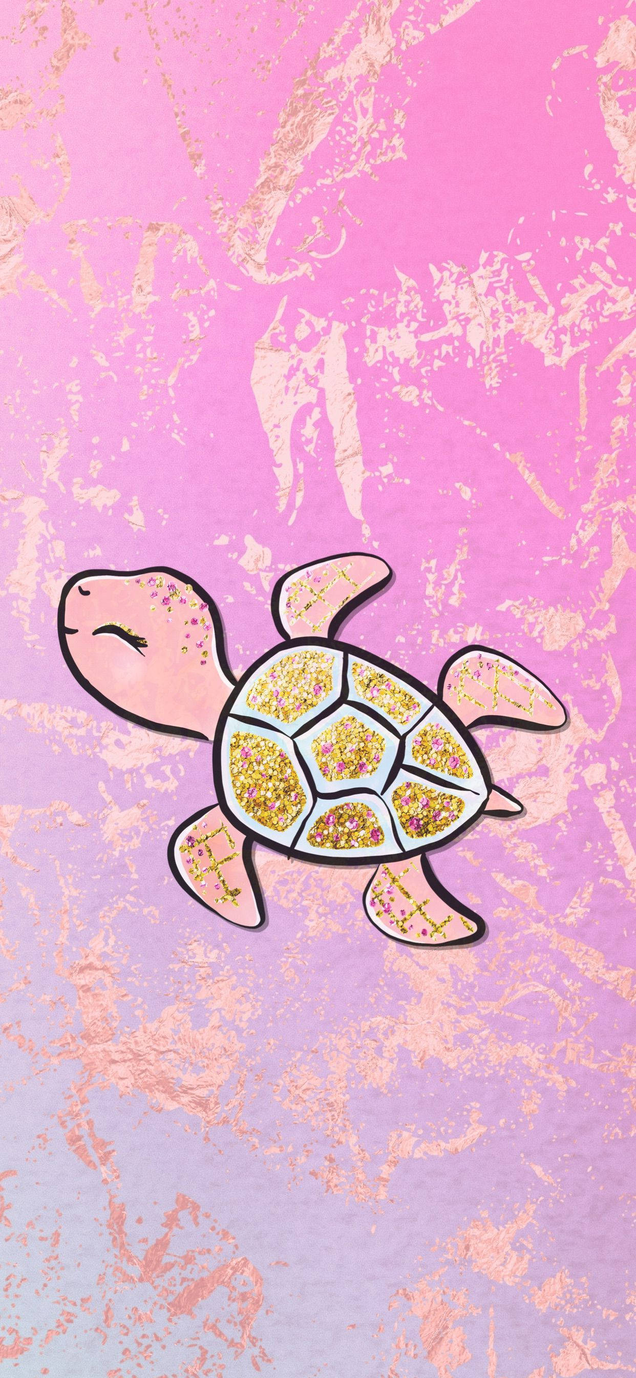 pink turtle, glittery shell, textured pink and purple background, 2K Phone Wallpaper